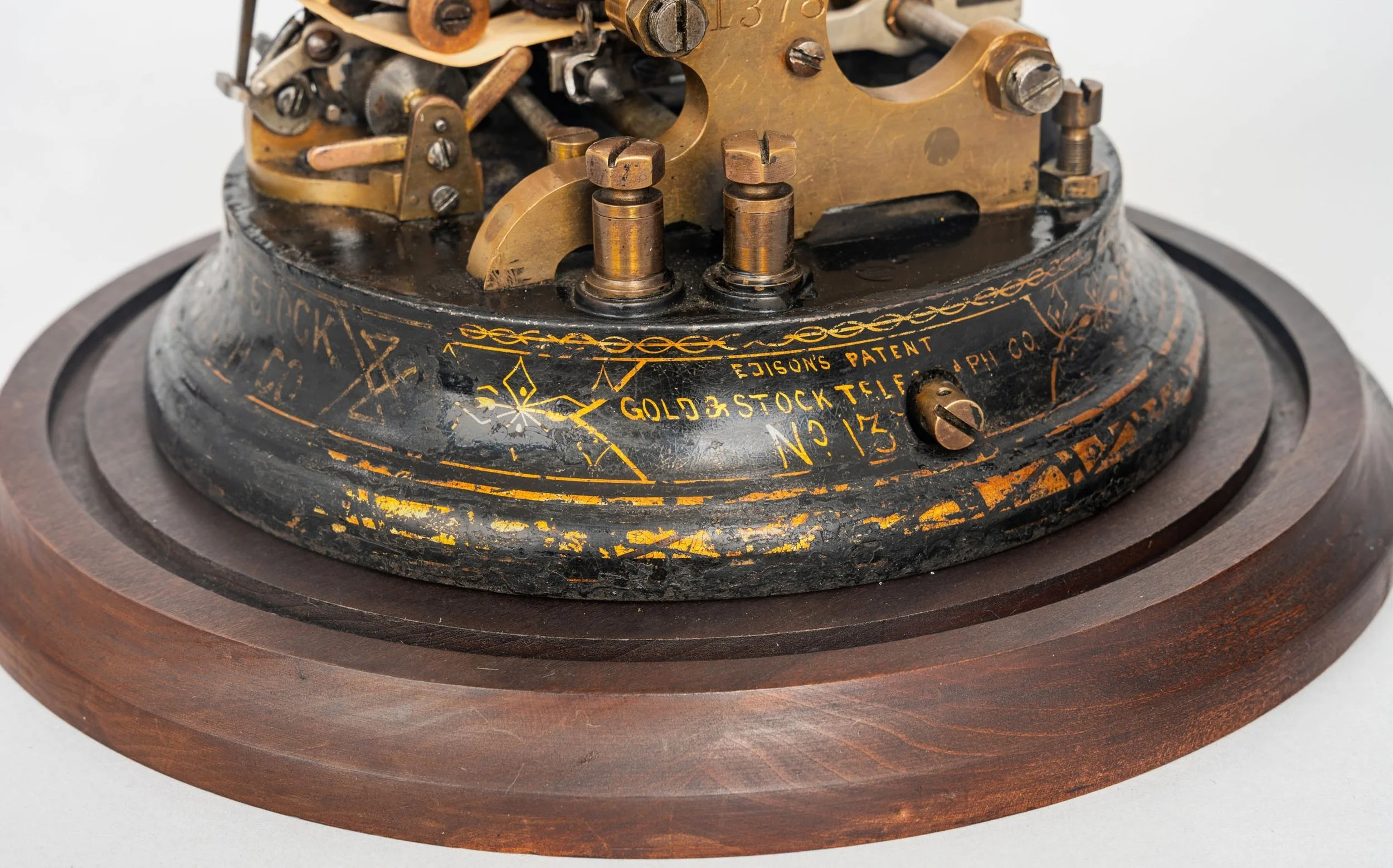 Edison's Patent Gold and Stock Telegraph Company base inscription serial no. 1378 antique stock ticker — Daniels Antiques