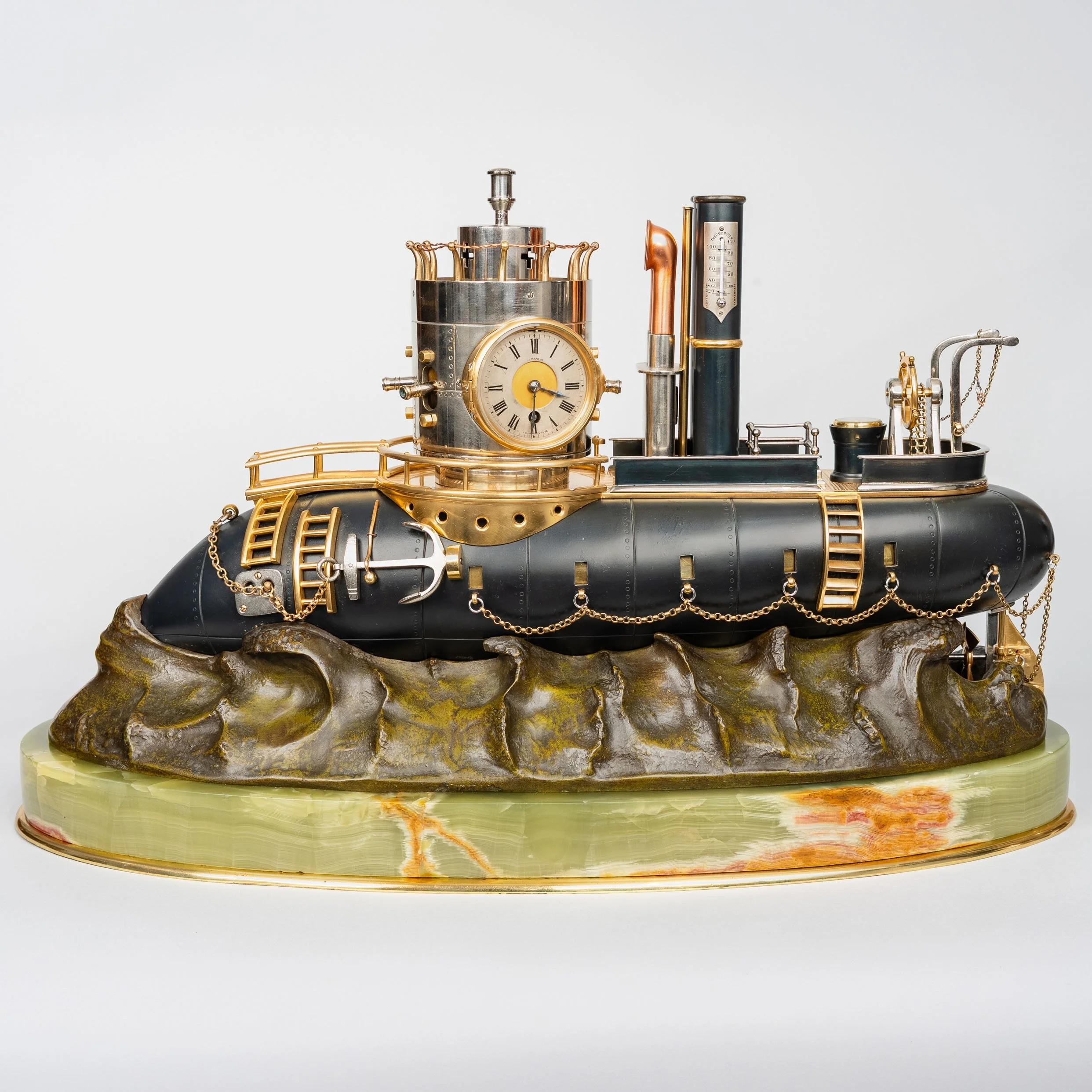 French Industrial Series submarine clock with silvered conning tower, enamel dial and thermometer — Daniels Antiques