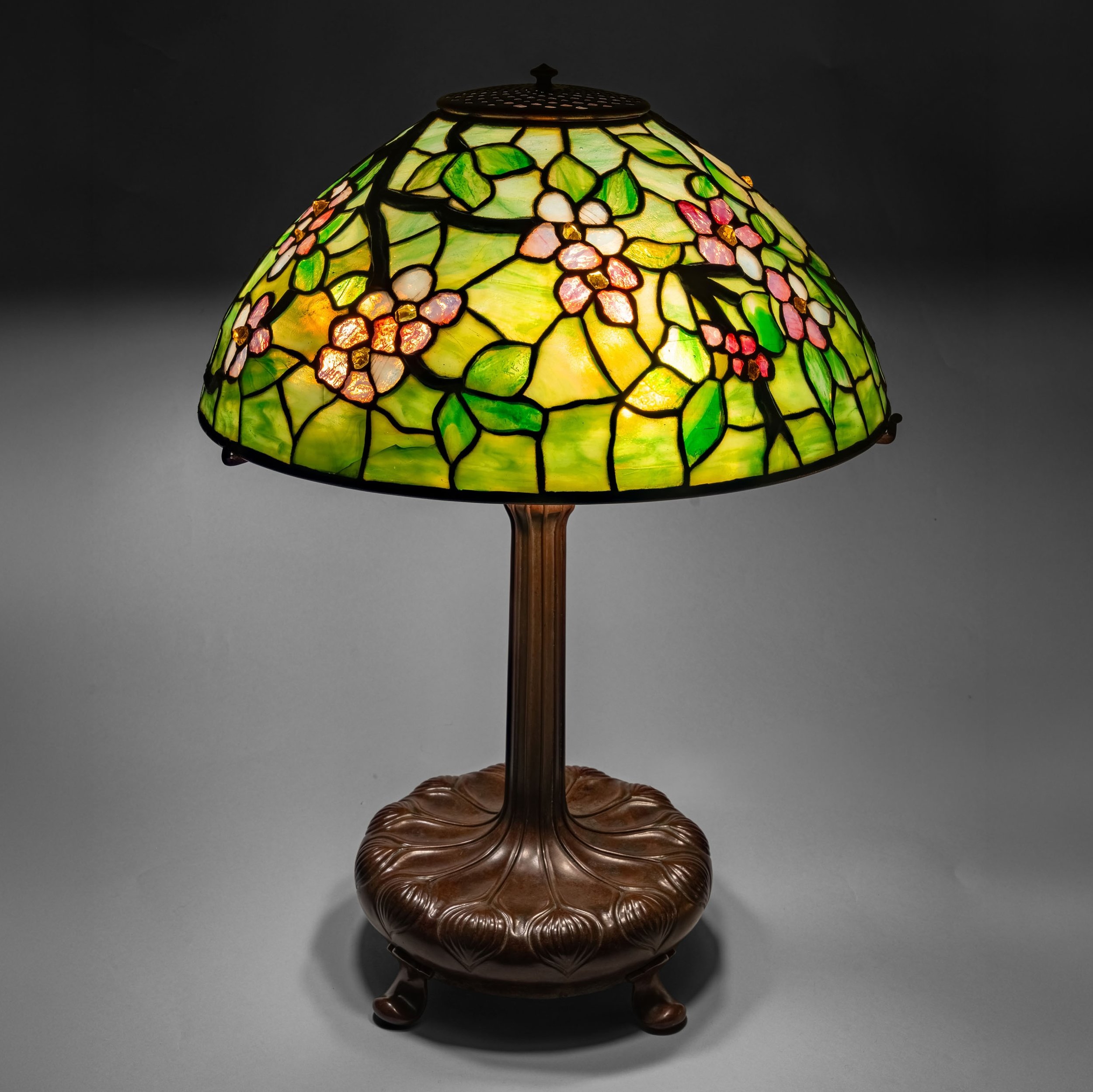 Tiffany Studios Apple Blossom Raised Branch lamp full view, cushion base on four feet, circa 1910 — Daniels Antiques
