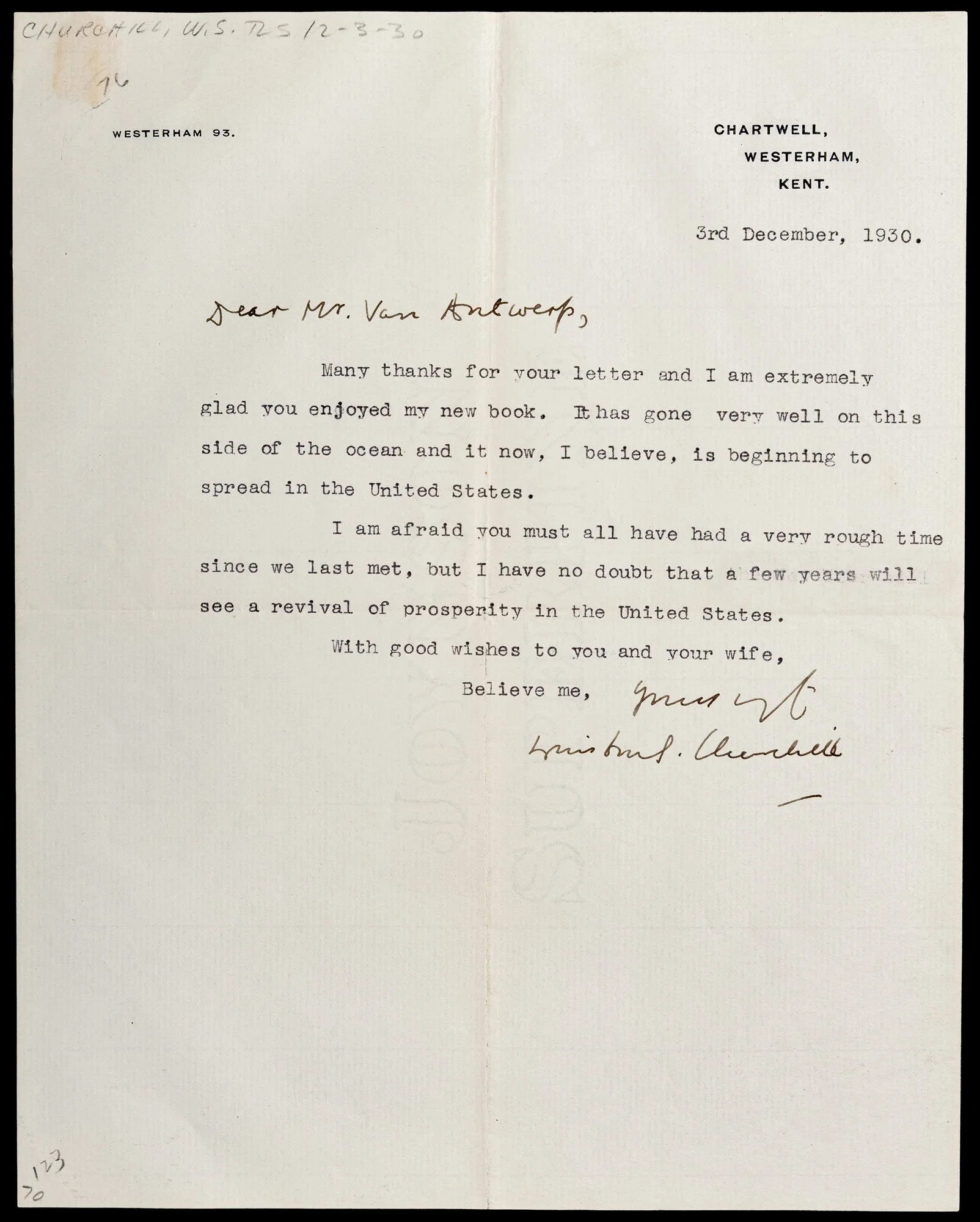Churchill typed letter signed to William Van Antwerp, Chartwell, 3 December 1930 — Daniels Antiques