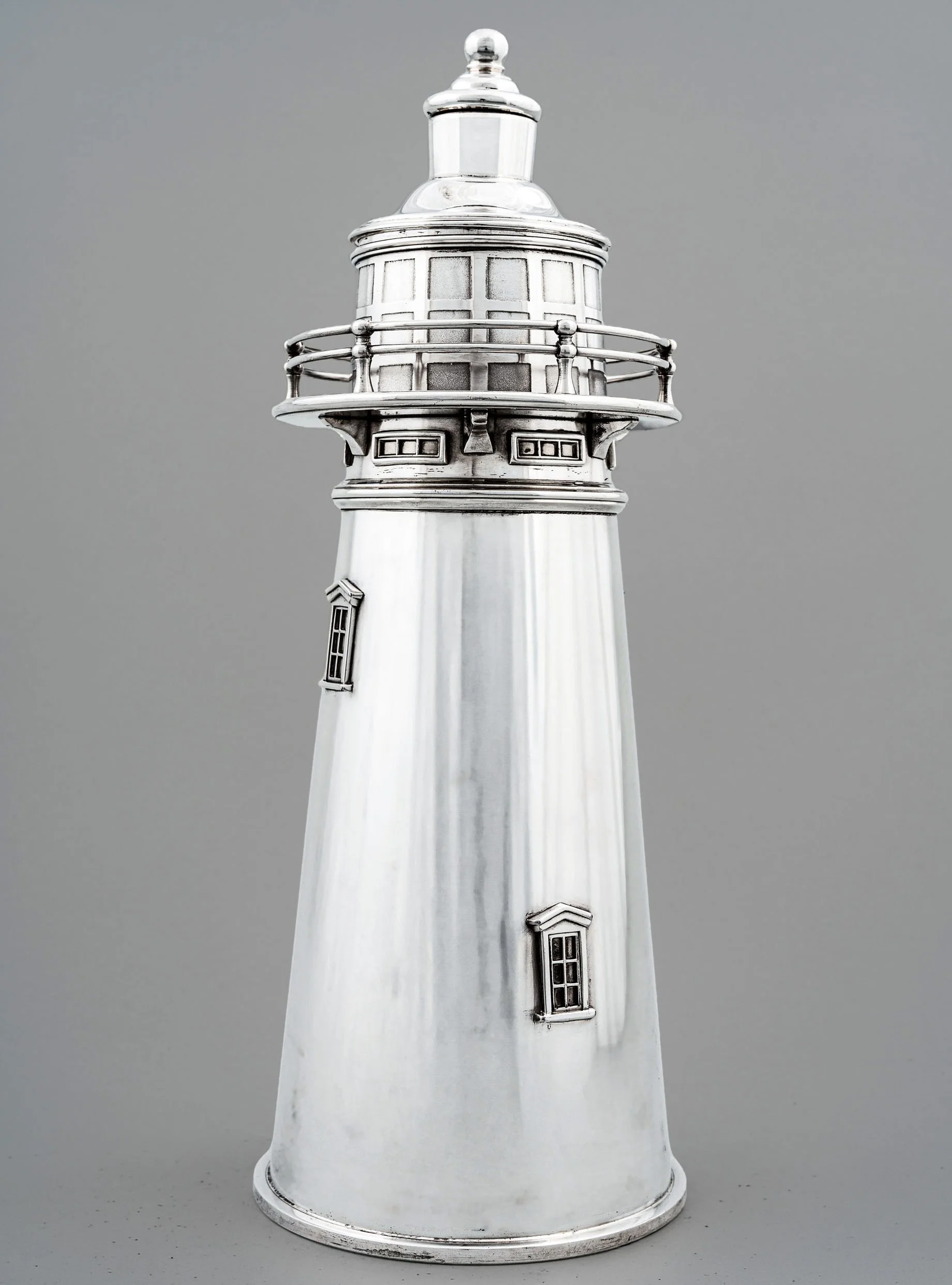 International Silver Co. lighthouse cocktail shaker patented 1927, silver plate, full view with gallery railing and dormer windows