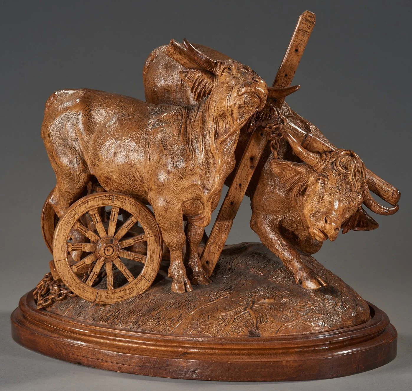 Swiss Black Forest Carved Walnut Yoked Ox Group with Cart, Attributed to J. Huggler, Brienz, circa 1870