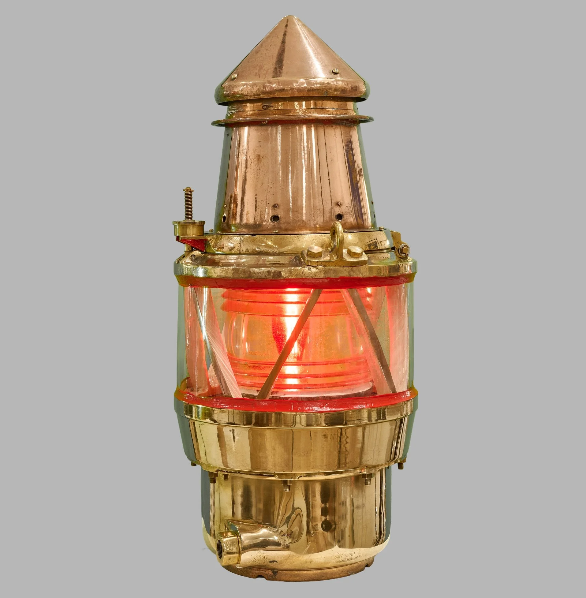 Antique Fresnel harbor channel marker beacon light, red port, brass and copper, circa 1890 — Daniels Antiques