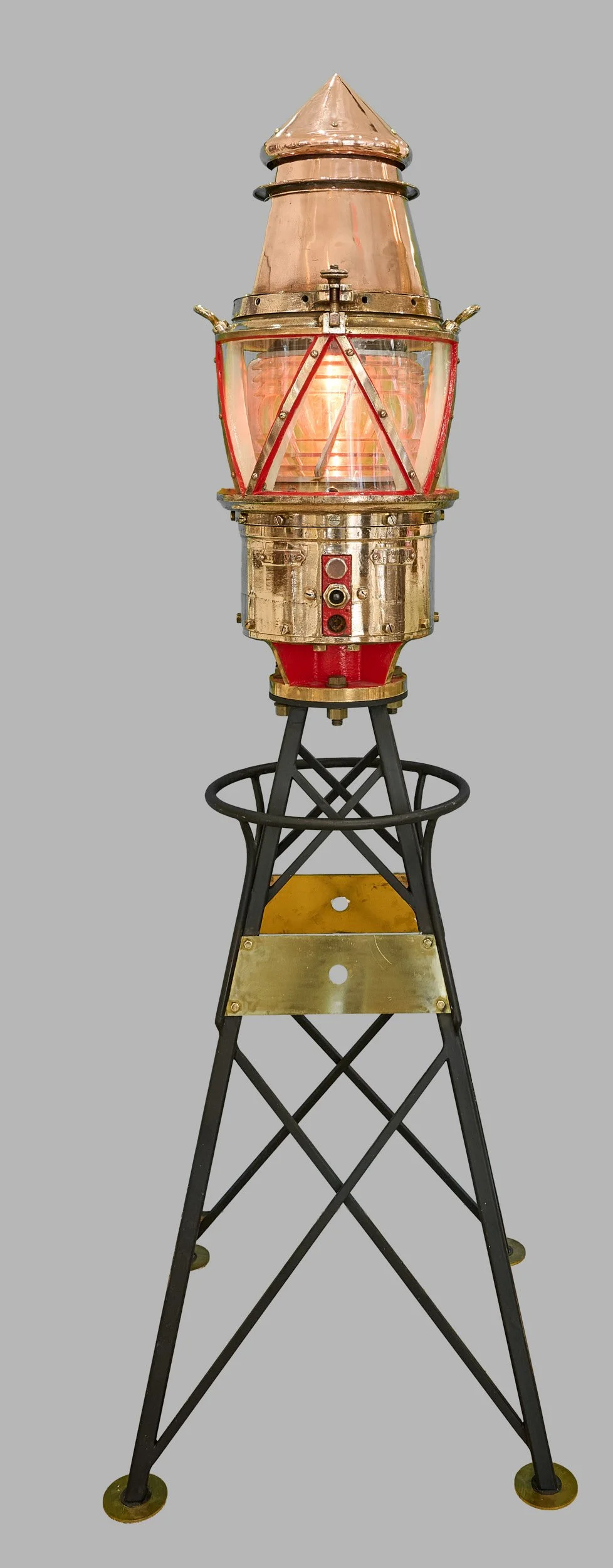Antique harbor channel marker beacon light, red port, brass and copper, circa 1900 — Daniels Antiques