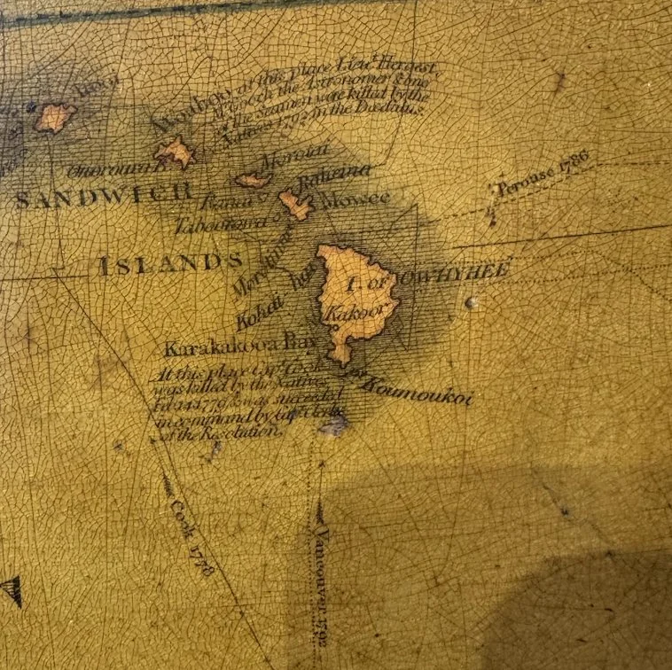 1840 Cary globe detail showing Hawaii and the legend recording Captain Cook's death — Daniels Antiques