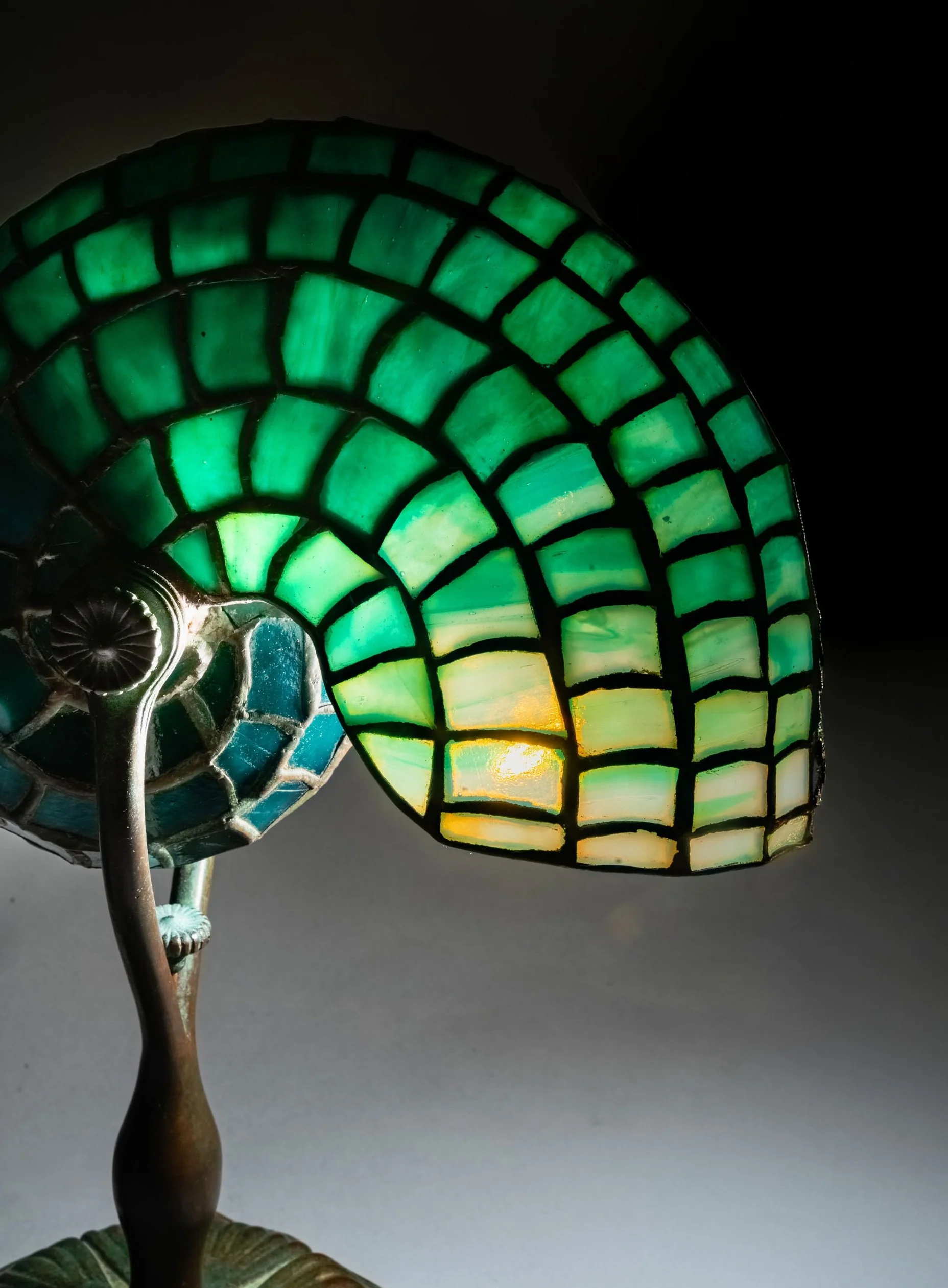 Tiffany Studios Nautilus lamp leaded glass detail, emerald and teal, circa 1905 — Daniels Antiques