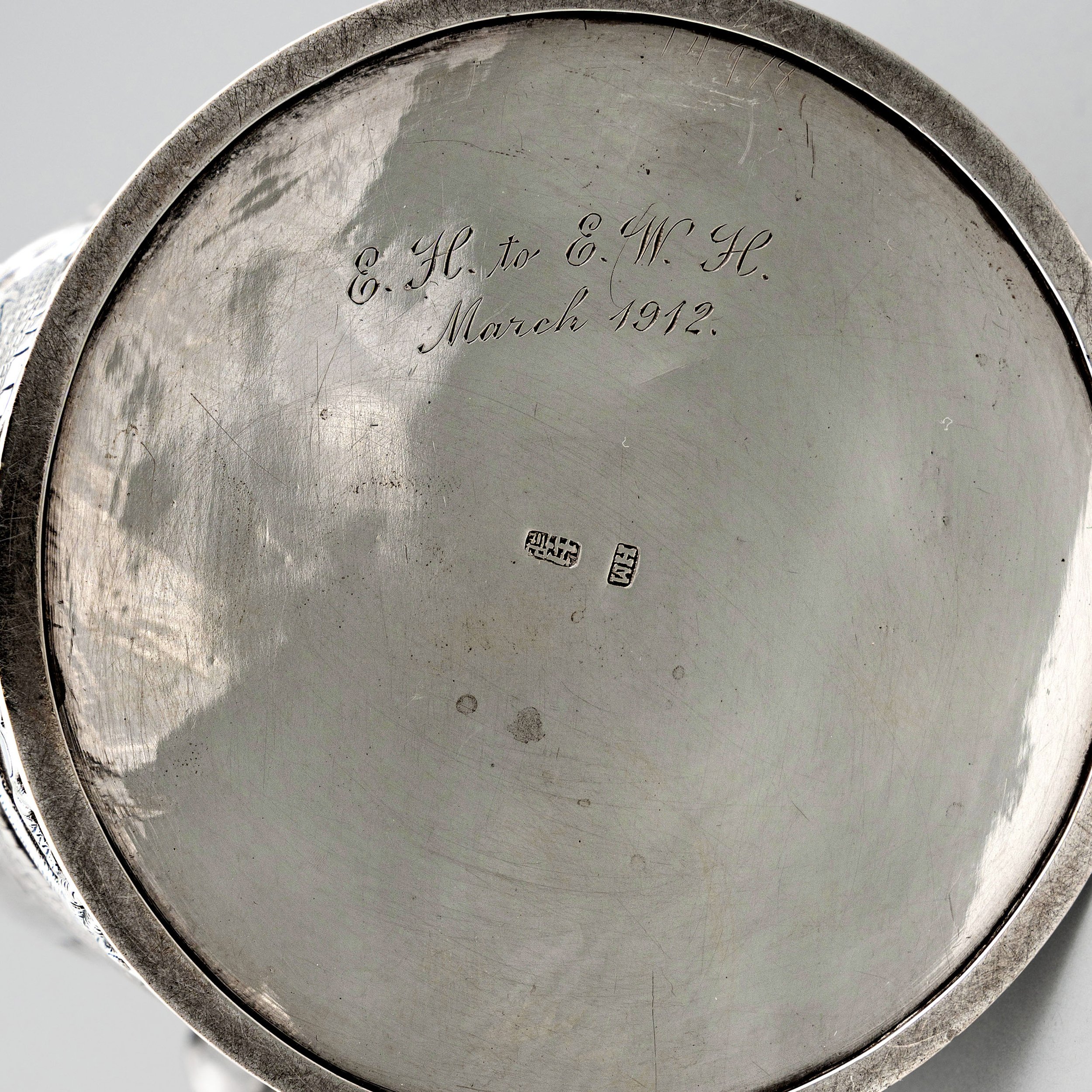 Chinese export silver tankard, Wang Hing, 1912, base with presentation inscription E.H. to E.W.H. March 1912 — Daniels Antiques.