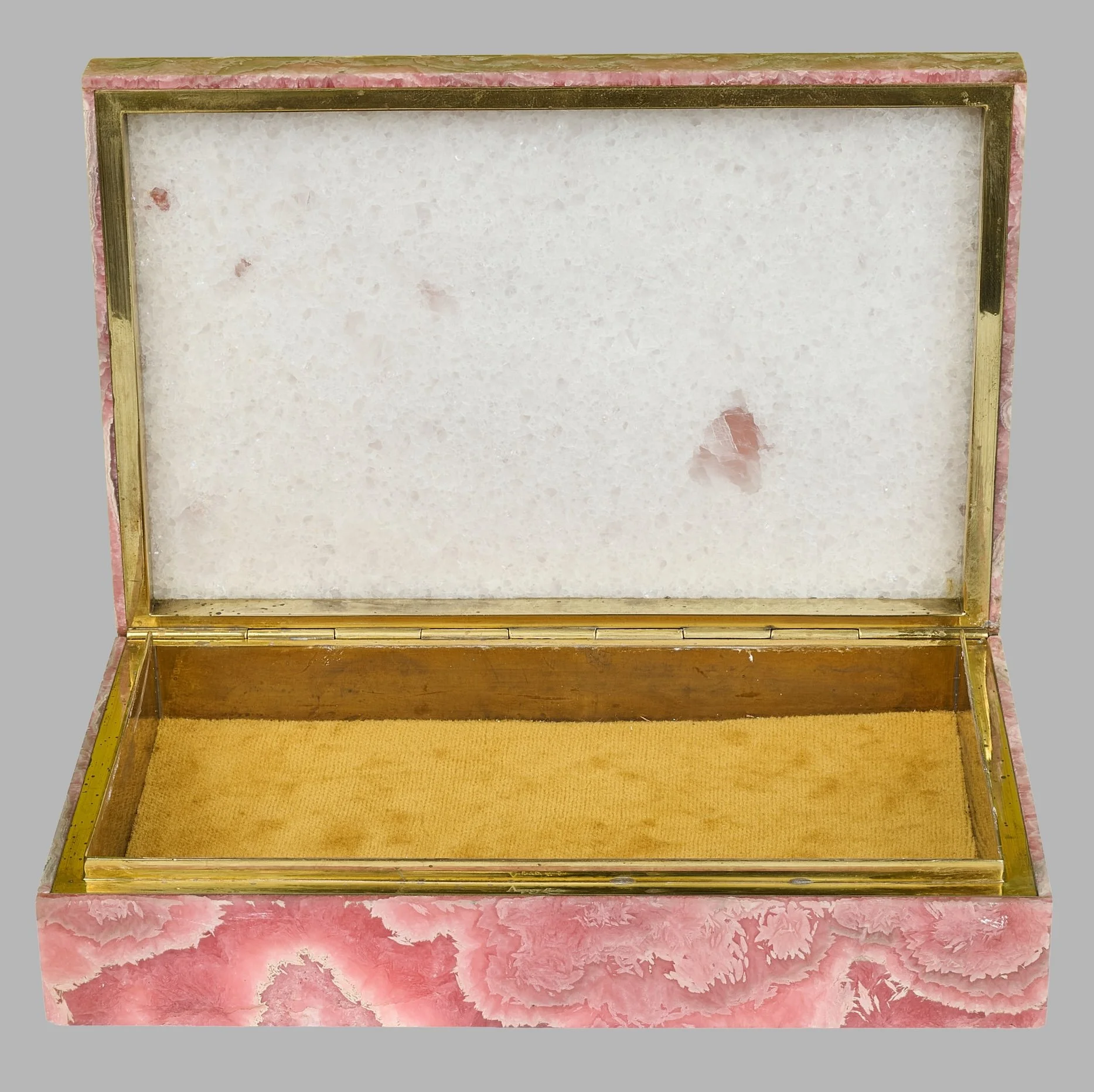 Asprey & Co rhodochrosite box shown open with gilt brass and quartz interior — Daniels Antiques
