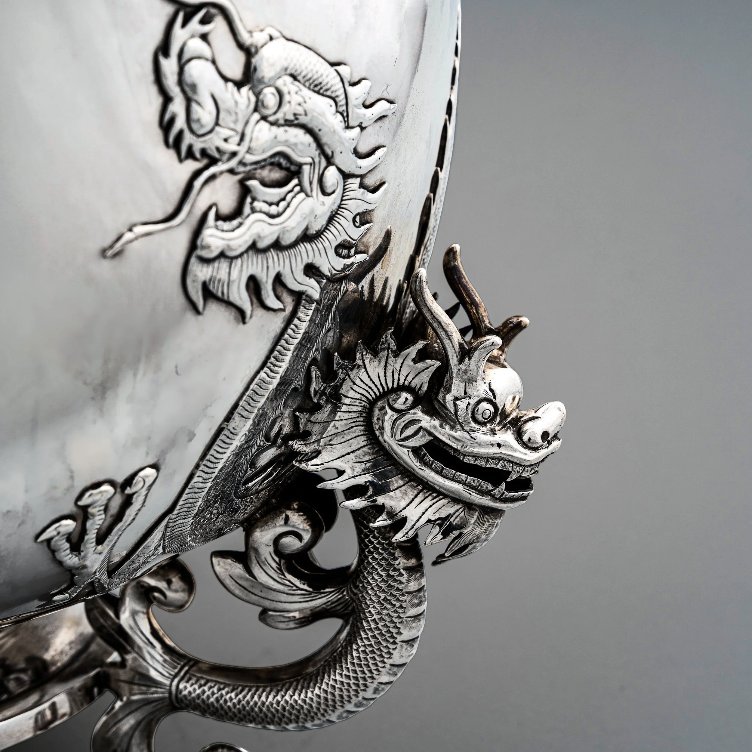Dragon detail on Chinese Export Silver punchbowl by Hung Chong, Shanghai, circa 1900 — Daniels Antiques