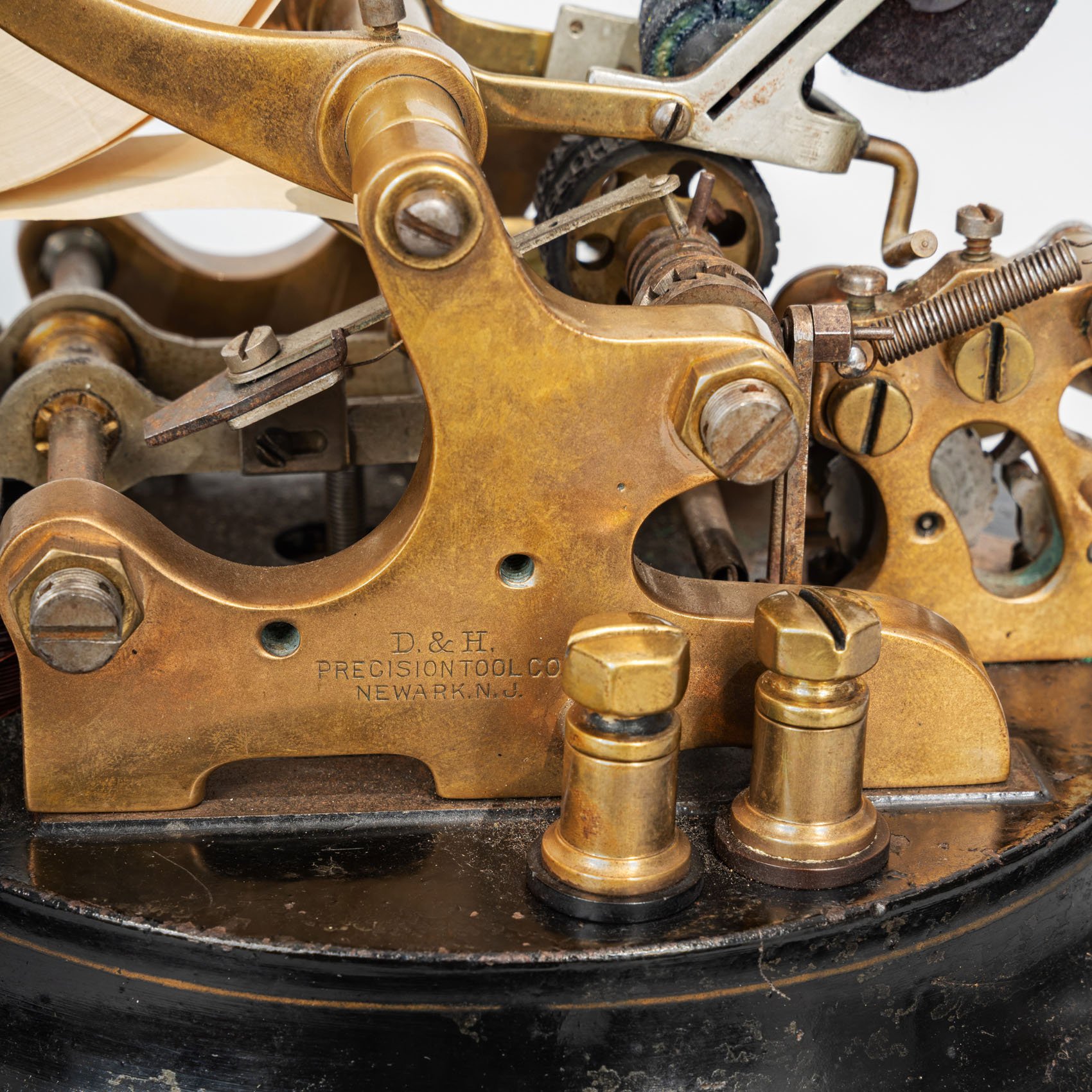 D&H Precision Tool Co Newark stamp on brass mechanism, Western Union stock ticker 1887