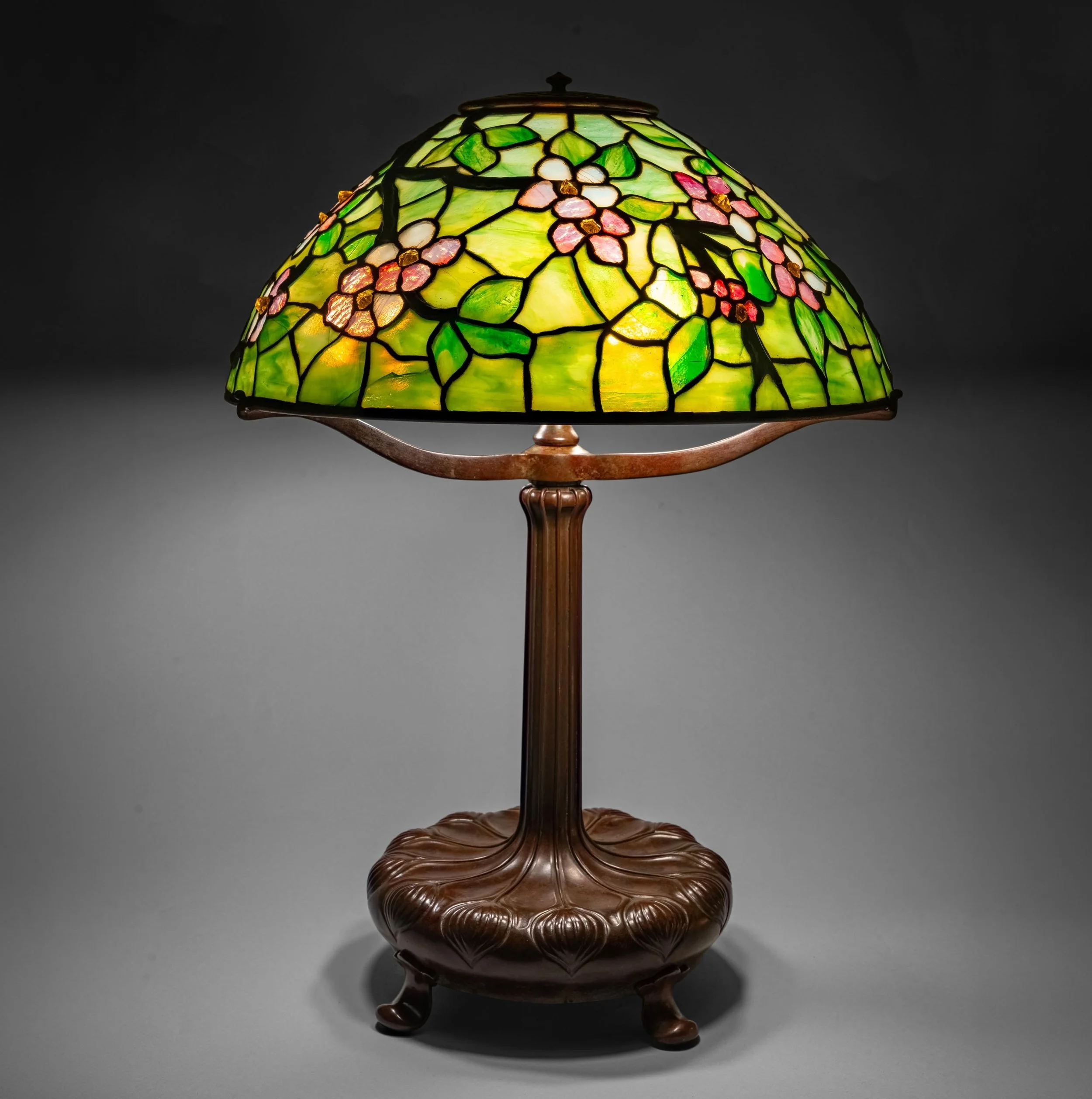 Tiffany Studios Apple Blossom Raised Branch table lamp front view, circa 1910 — Daniels Antiques