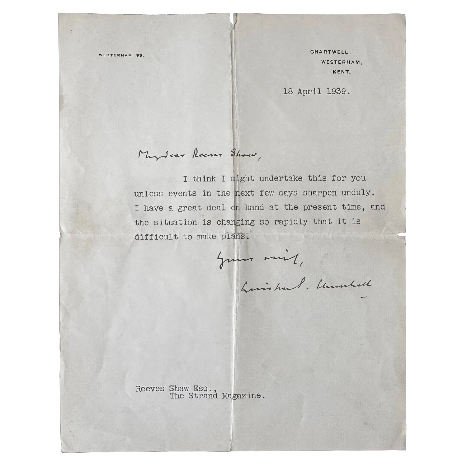 WINSTON CHURCHILL AMID ESCALATING TENSIONS IN EUROPE AGREES TO WRITE AN ARTICLE ON ANTHONY EDEN. April 18th, 1939.