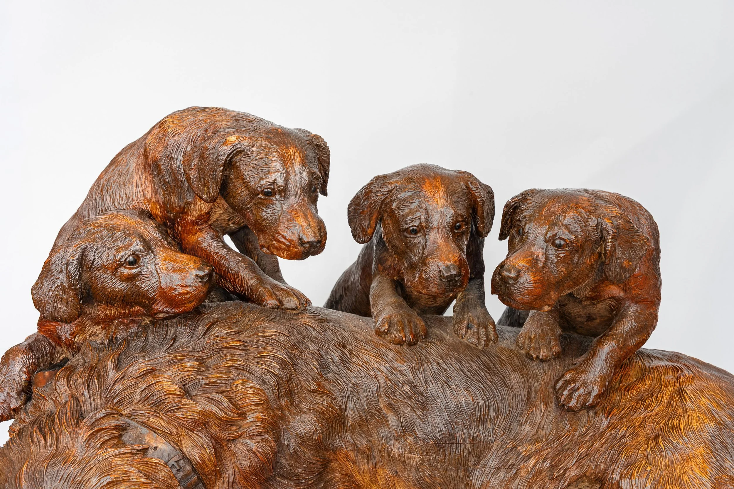 Swiss Black Forest Carved Mountain Maple Group of a Hound and Four Pups, Walter Mader, Brienz, circa 1870