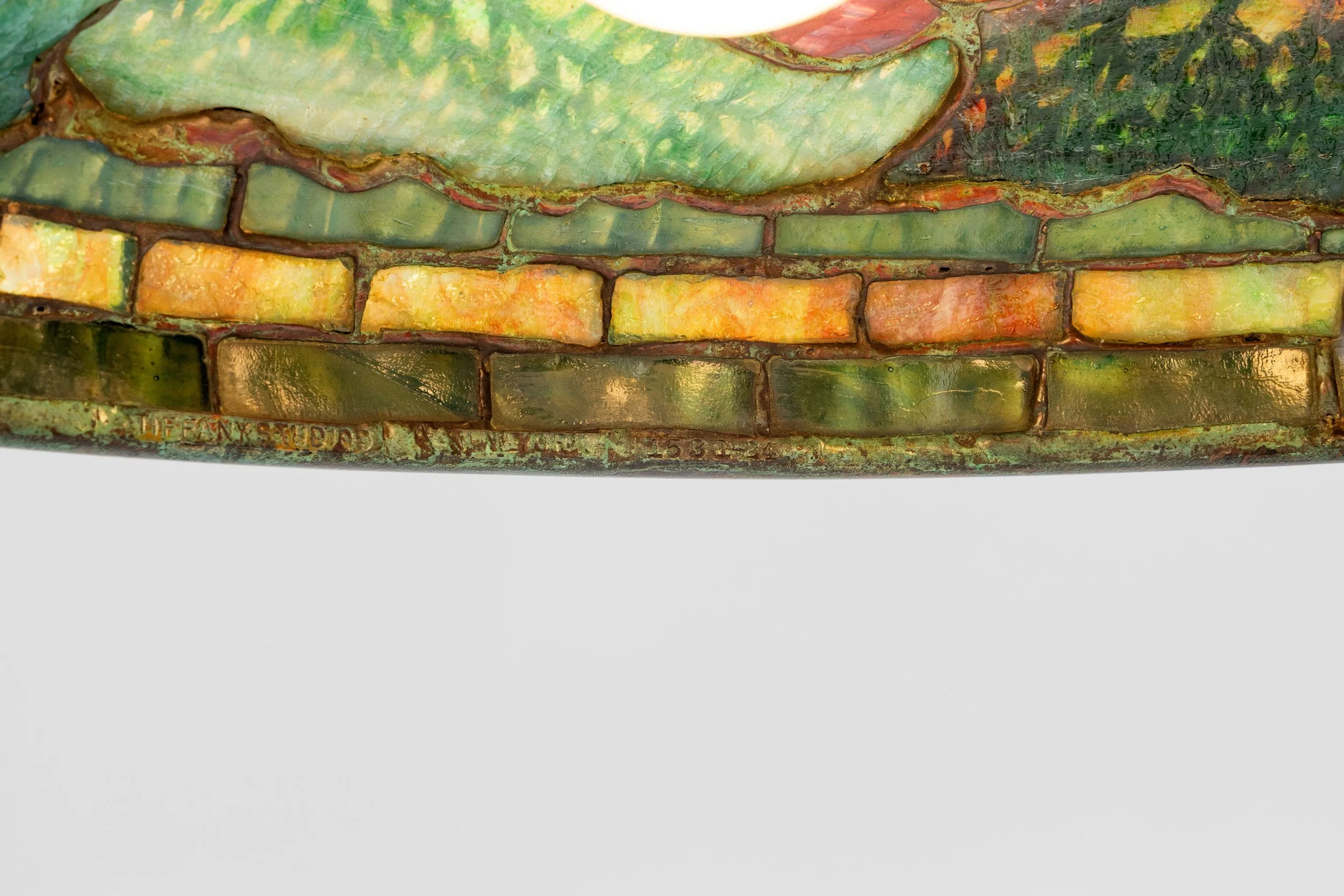 Tiffany Studios New York stamp on Poppy lamp shade rim, no. 1531-24 — Daniels Antiques