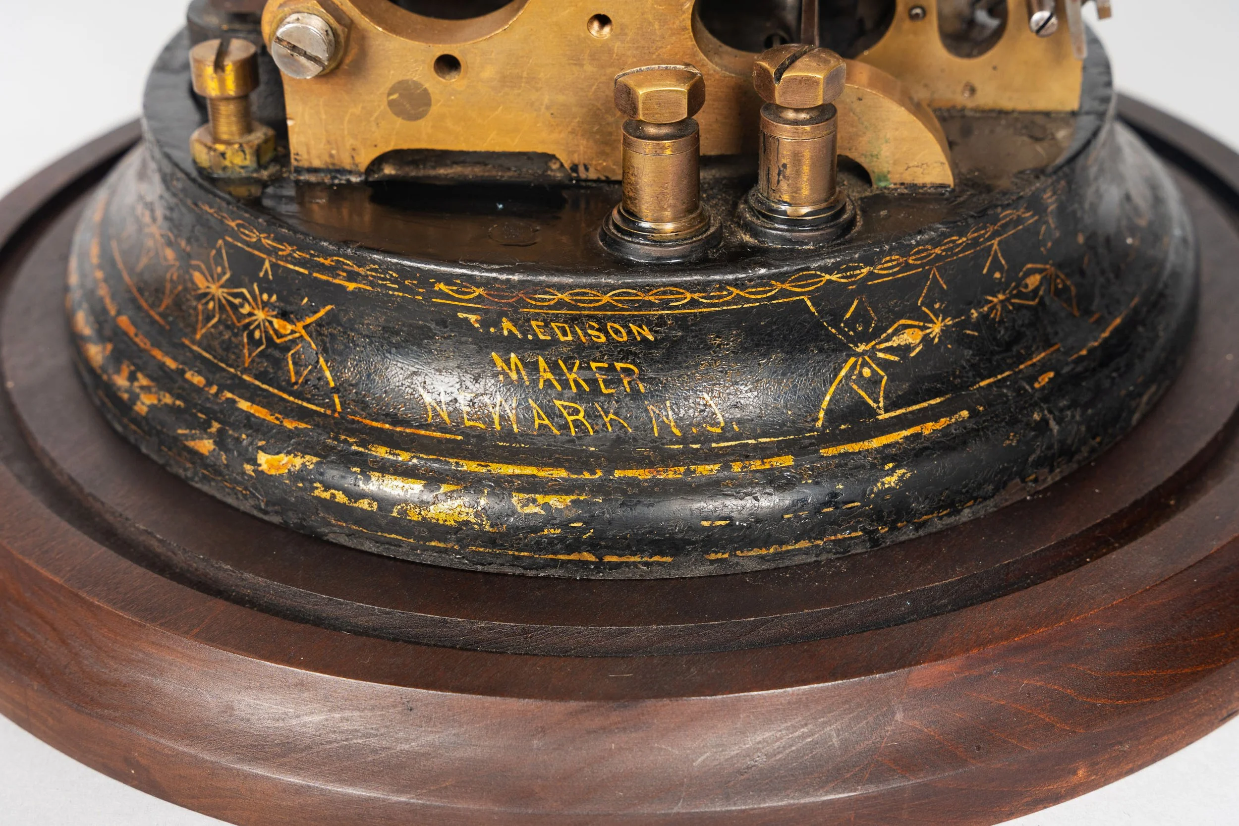 T.A. Edison Maker Newark N.J. gilt inscription on japanned base, Gold & Stock ticker 1870s