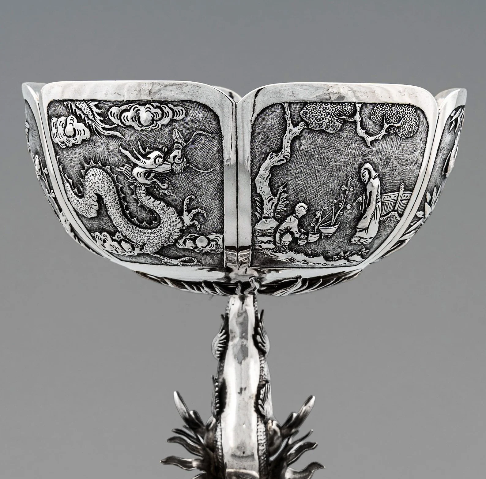 Chinese export silver comport, Wang Hing & Xie Chang, Hong Kong, circa 1895, full view with sea dragon stem — Daniels Antiques.