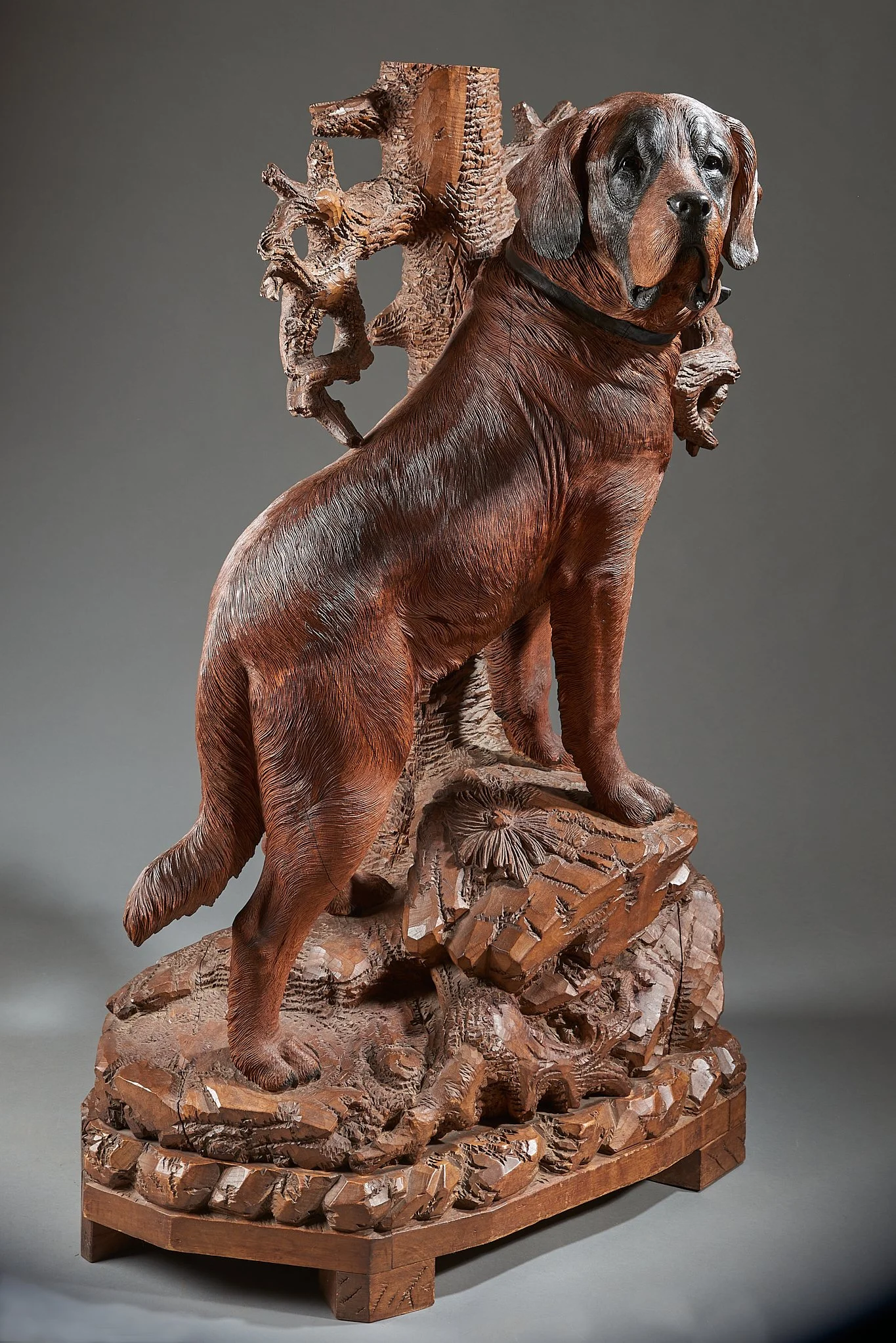 Left profile, Walter Mader St. Bernard umbrella stand, mountain maple, c. 1870