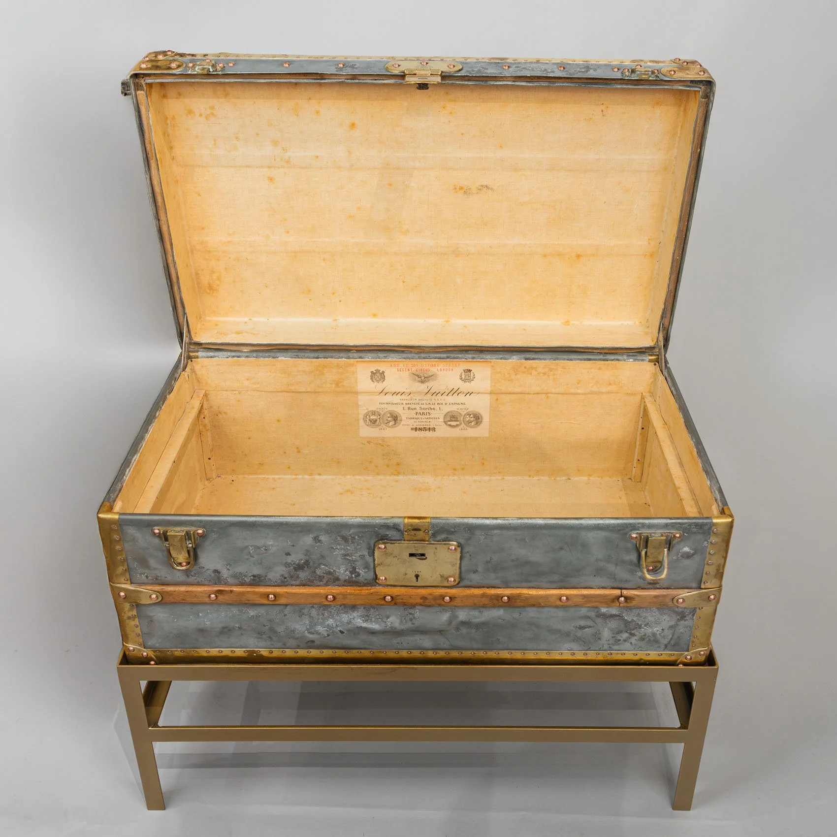 Louis Vuitton hermetic zinc Explorer trunk for tropical travel circa 1890 with brass hardware and original interior