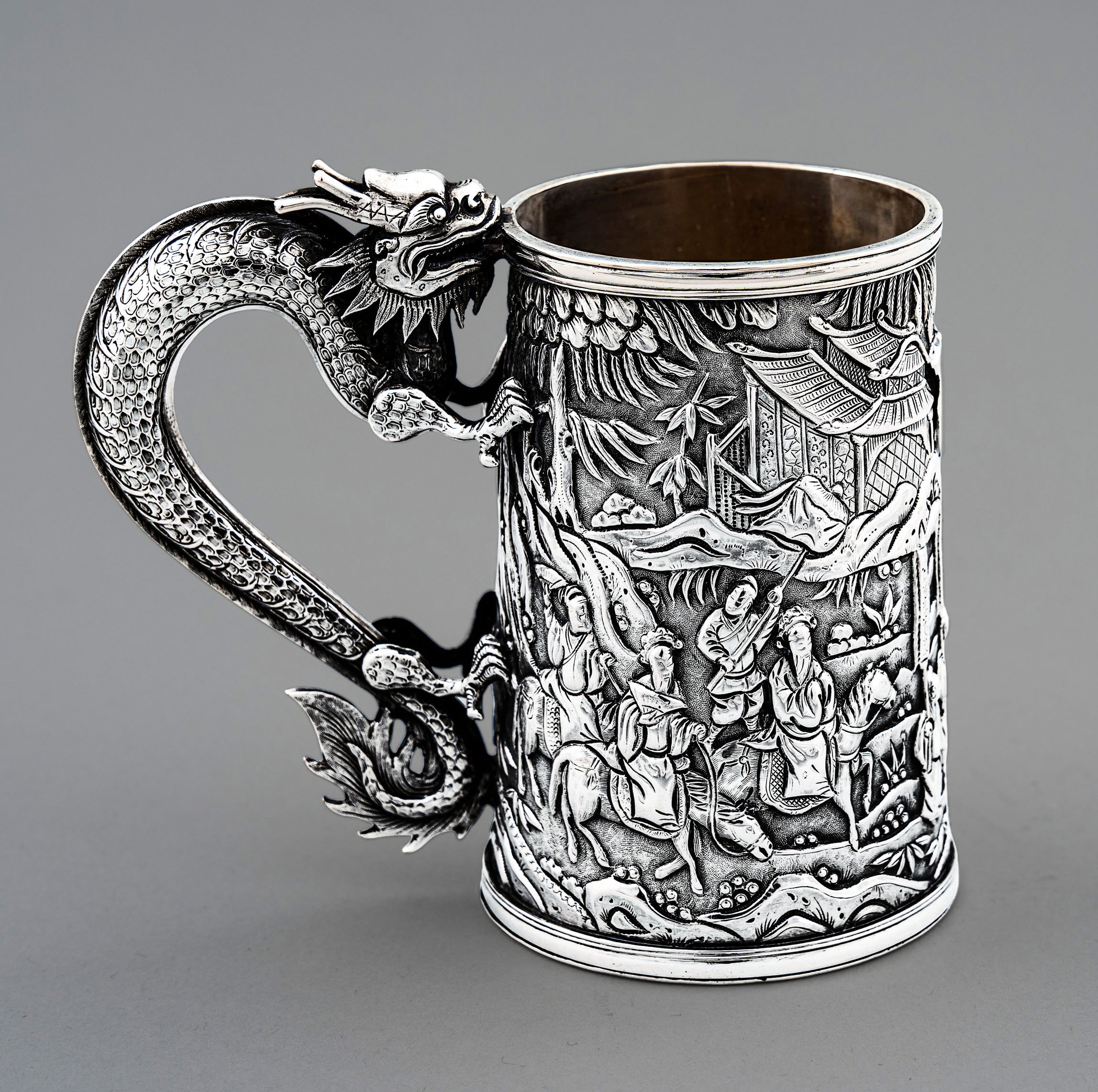 Chinese Export Silver double-walled mug by Leeching, Canton, circa 1895, side view — Daniels Antiques