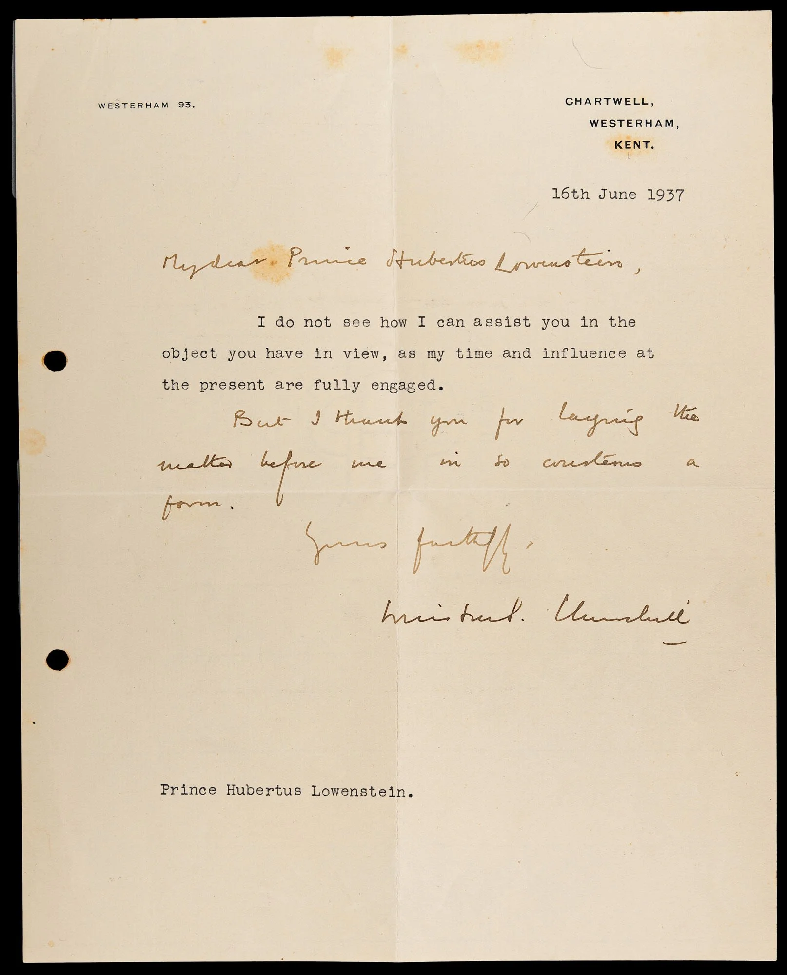 WINSTON CHURCHILL AND THE GERMAN OPPONENTS OF NAZISM. 16 June, 1937.