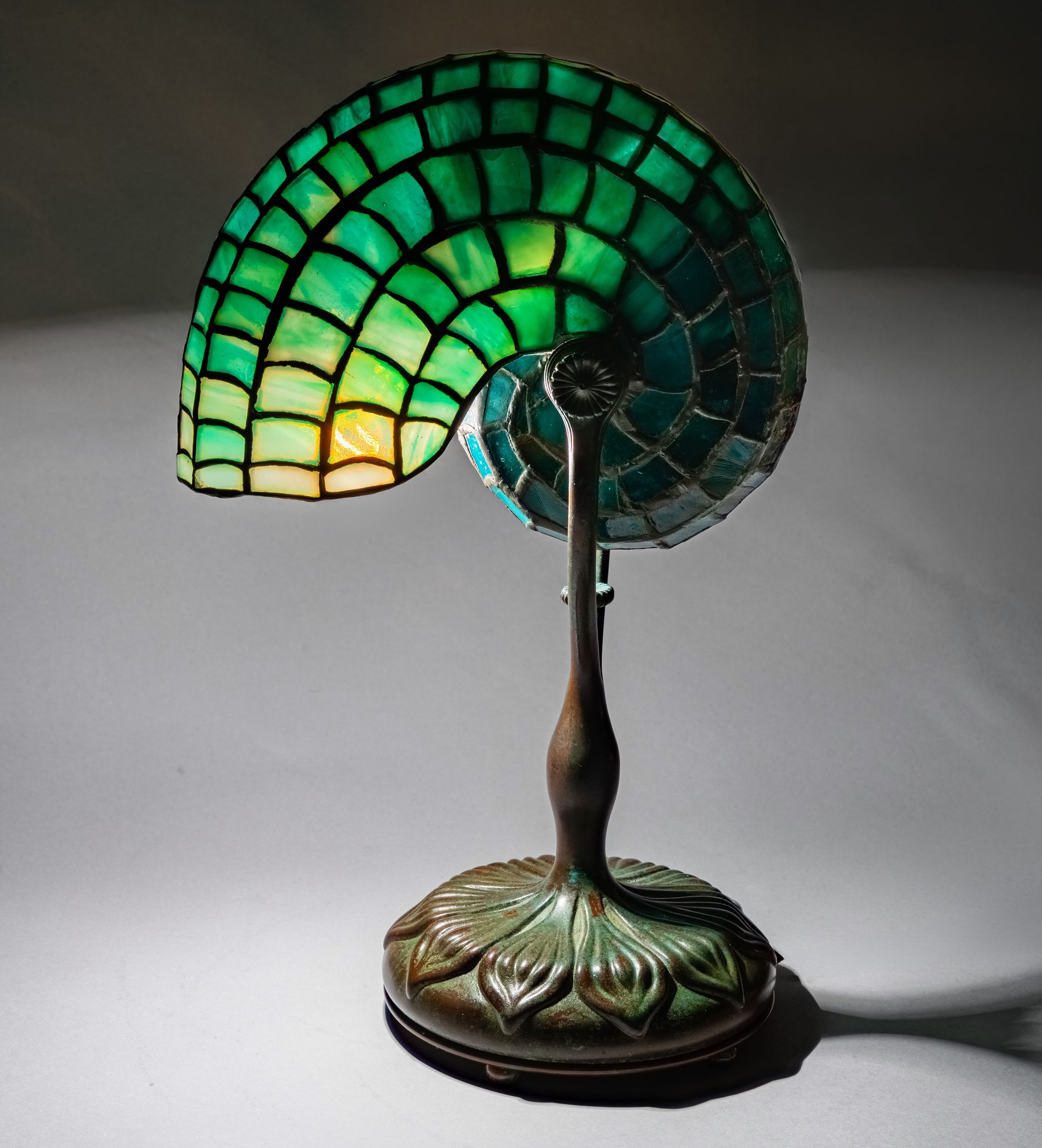 Tiffany Studios Nautilus lamp side view, bronze base, circa 1905 — Daniels Antiques