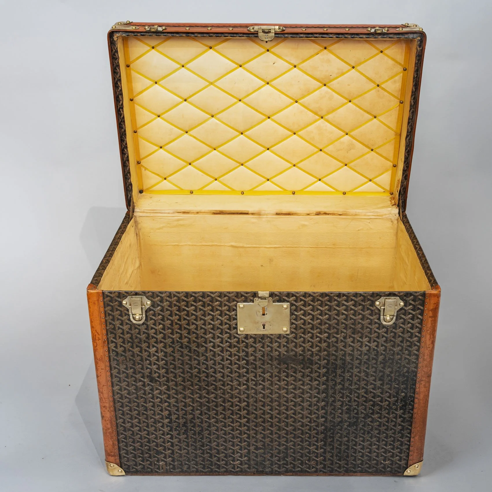 Goyard goyardine chevron canvas steamer trunk with brass fittings, circa 1910