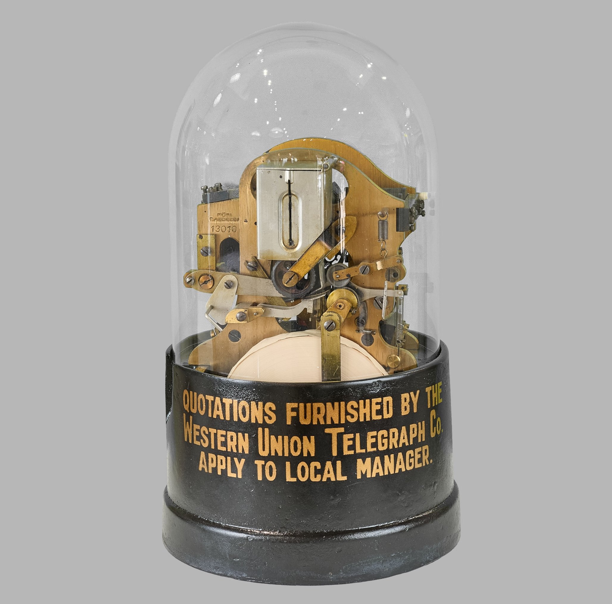 1915 Edison Western Union stock ticker under original glass dome on japanned base — Daniels Antiques