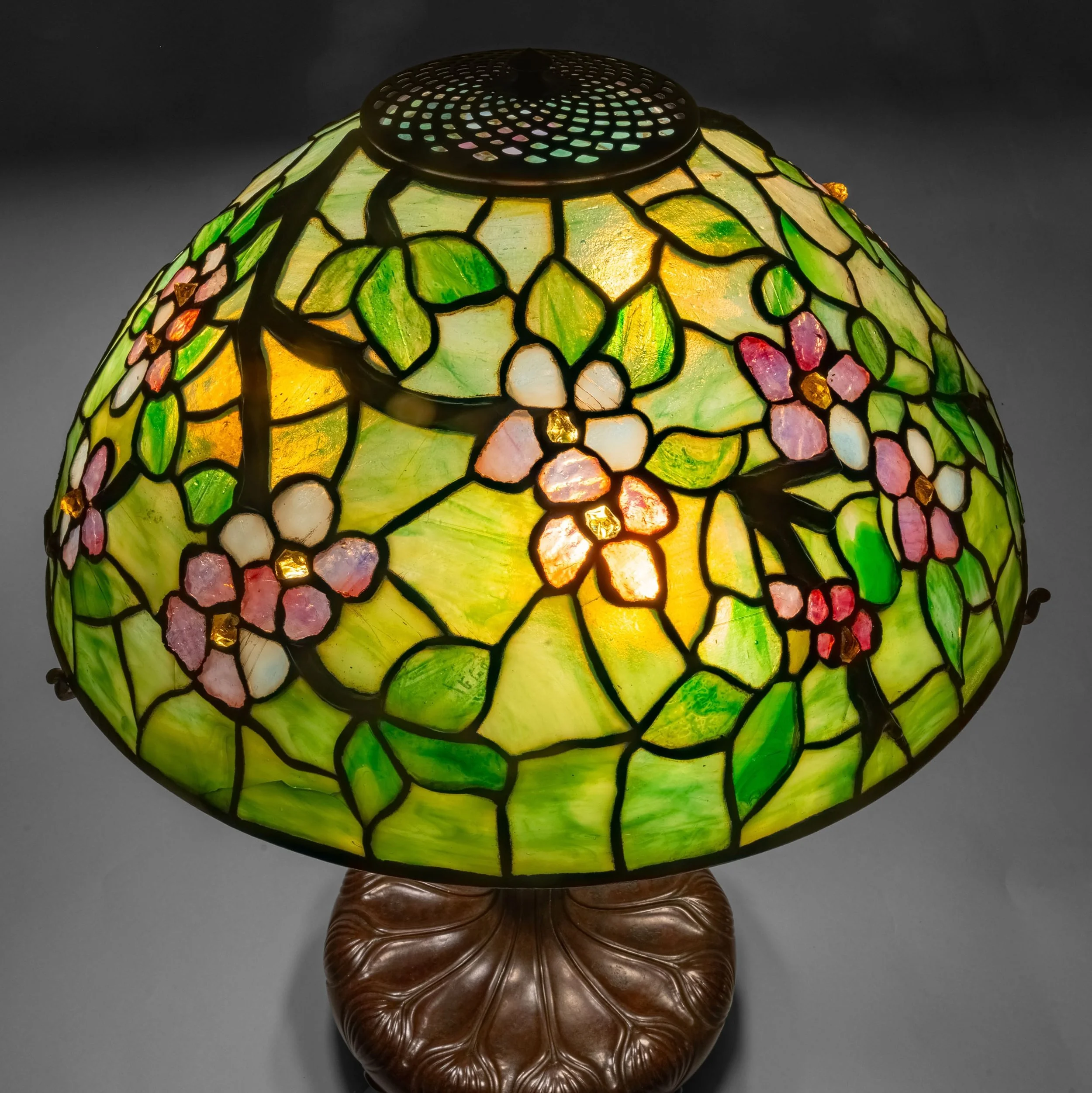 Tiffany Studios Apple Blossom lamp overhead detail, raised branches and opalescent glass — Daniels Antiques