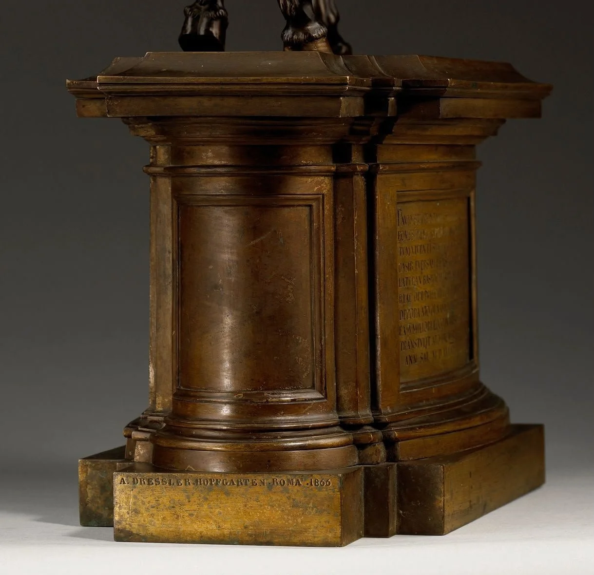 Foundry signature A. DRESSLER HOPFGARTEN ROMA 1866 on the bronze pedestal — Daniels Antiques