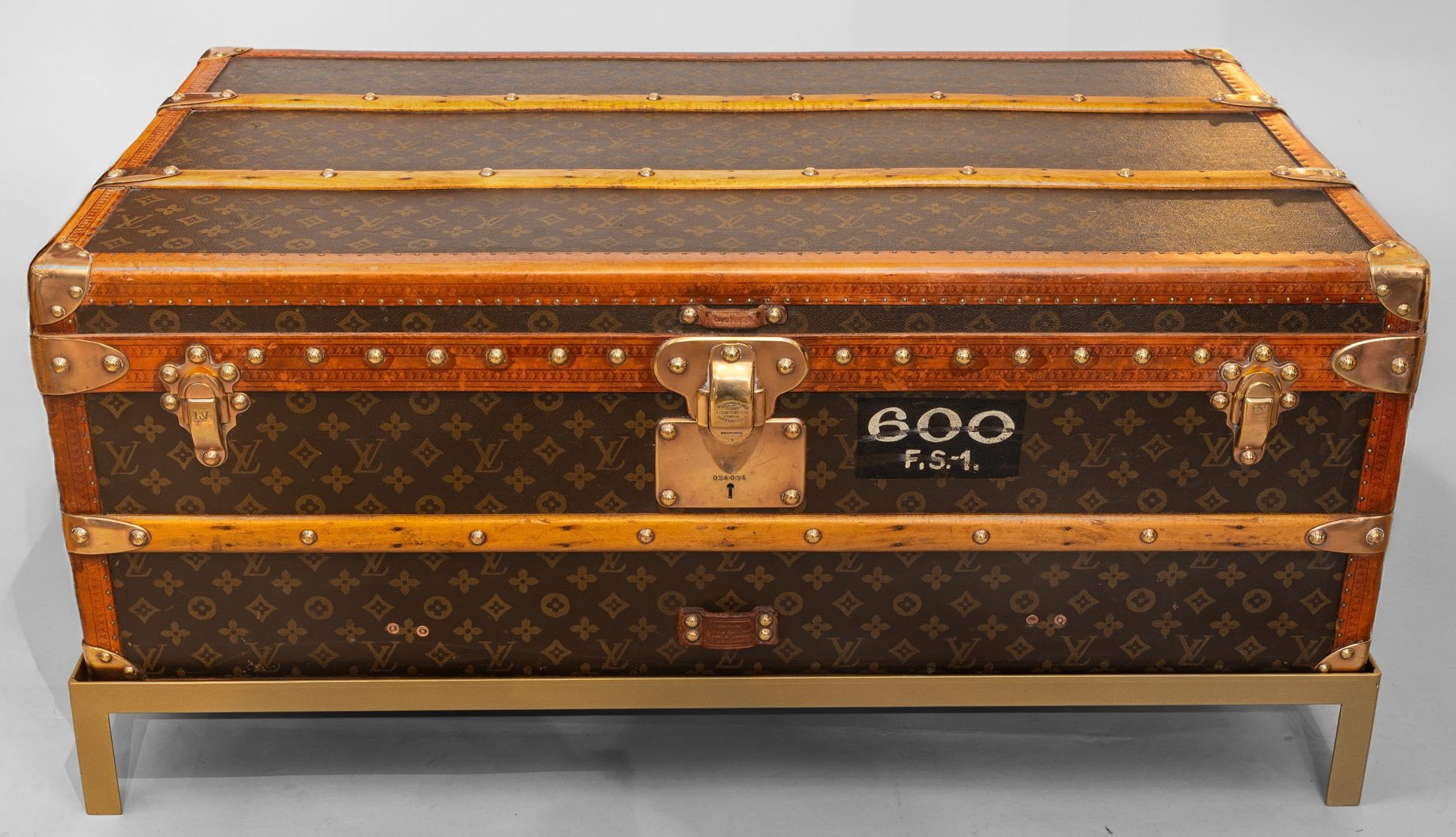 Louis Vuitton Monogram cabin trunk, c.1920s, with original painted cabin number and brass hardware on custom stand — Daniels Antiques