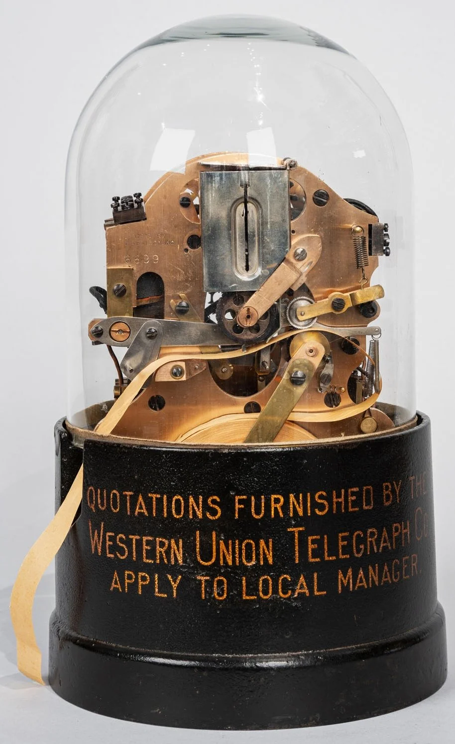 Self-winding Western Union stock ticker under glass dome, early 20th century — Daniels Antiques