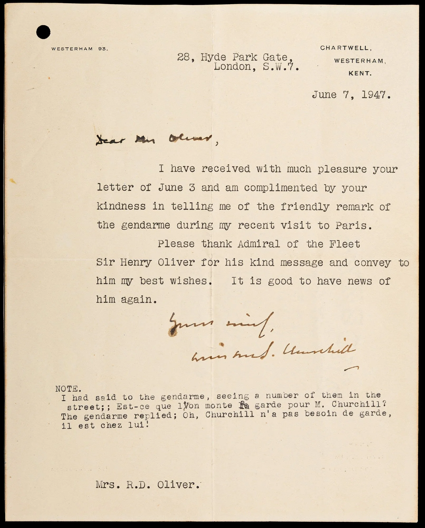 Winston Churchill Typed Letter Signed 1947 Paris Médaille Militaire French Anecdote
