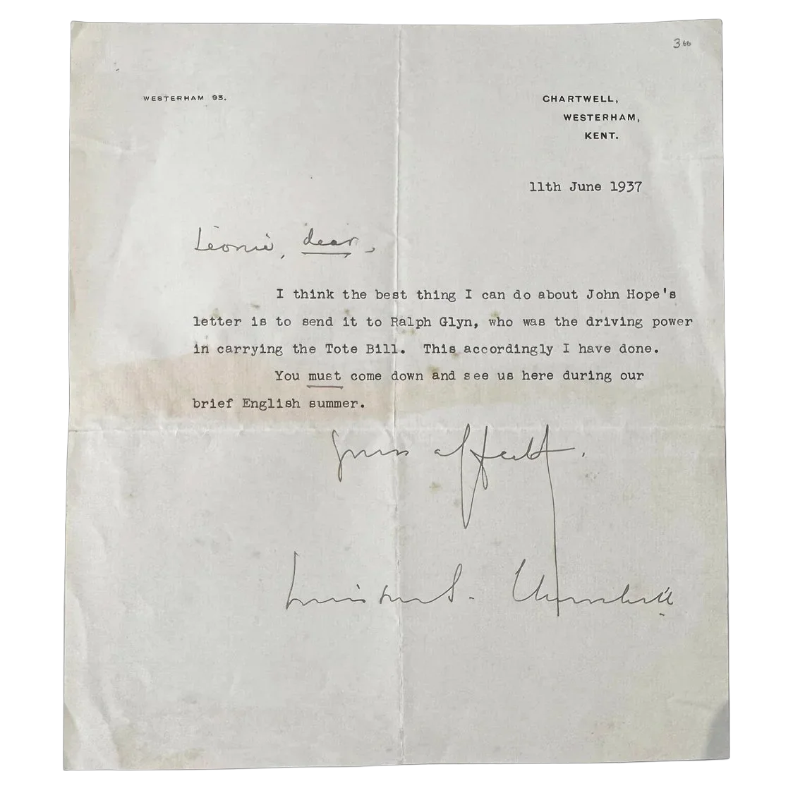 WINSTON CHURCHILL WRITING AN AFFECTIONATE LETTER TO HIS FAVORITE AUNT, LADY LESLIE. 11th of June, 1937.