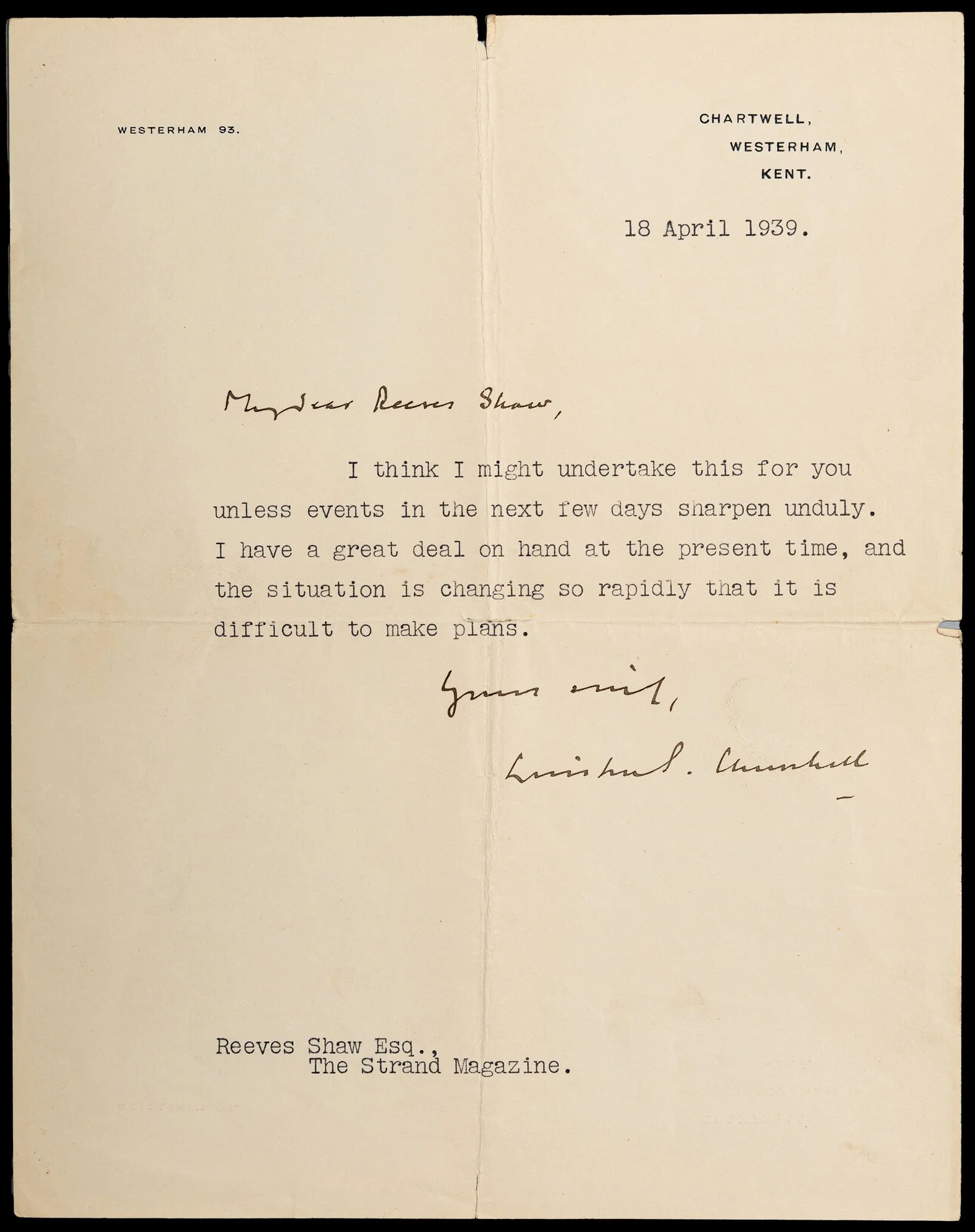 Winston Churchill Typed Letter Signed 1939 “The Situation Is Changing So Rapidly” Anthony Eden