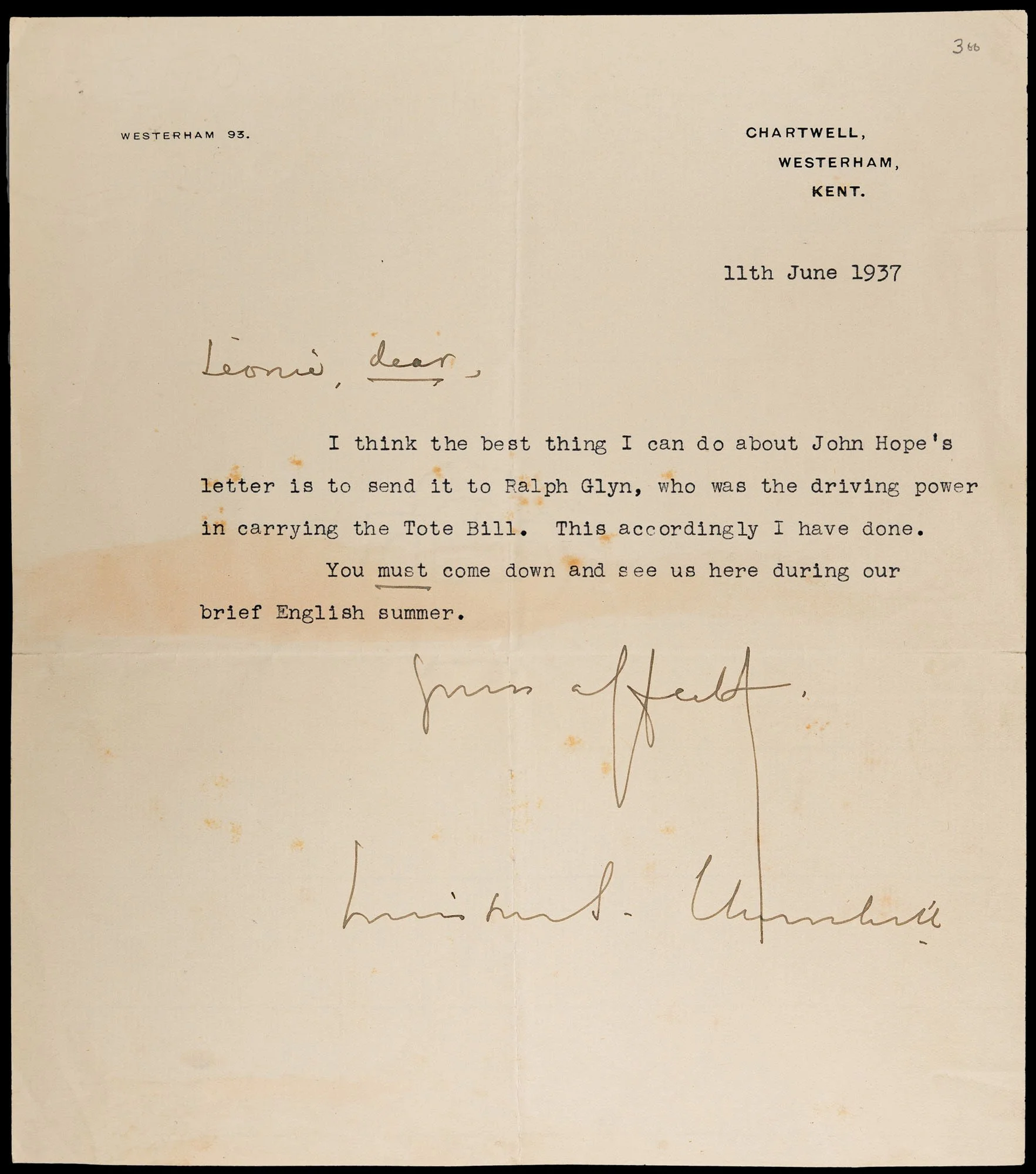 Winston Churchill Signed Letter 1937 Lady Leslie, concerning the Tote Bill.
