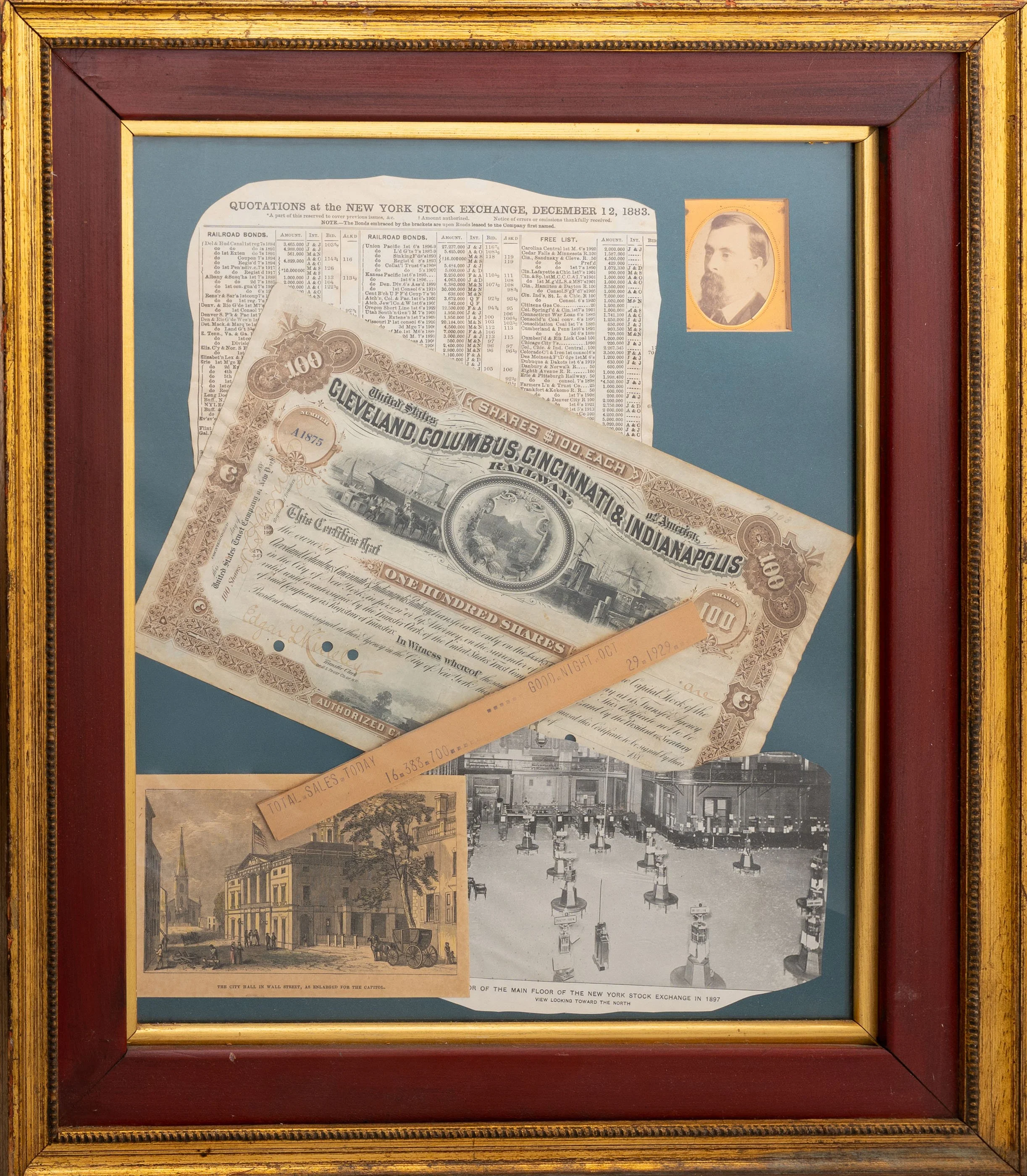 Framed assemblage: Black Tuesday ticker tape, NYSE stock certificate, exchange floor photograph 1897 — Daniels Antiques