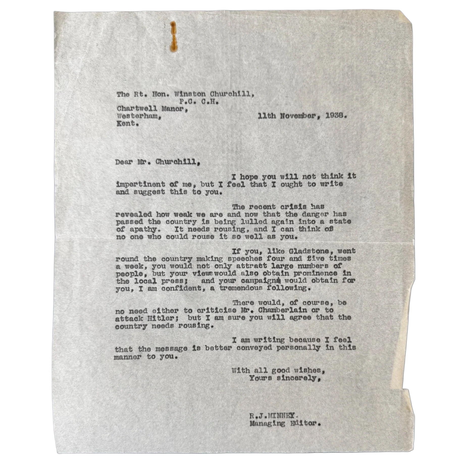 WINSTON CHURCHILL'S WORDS FALL ON DEAF EARS. November 12th, 1938.