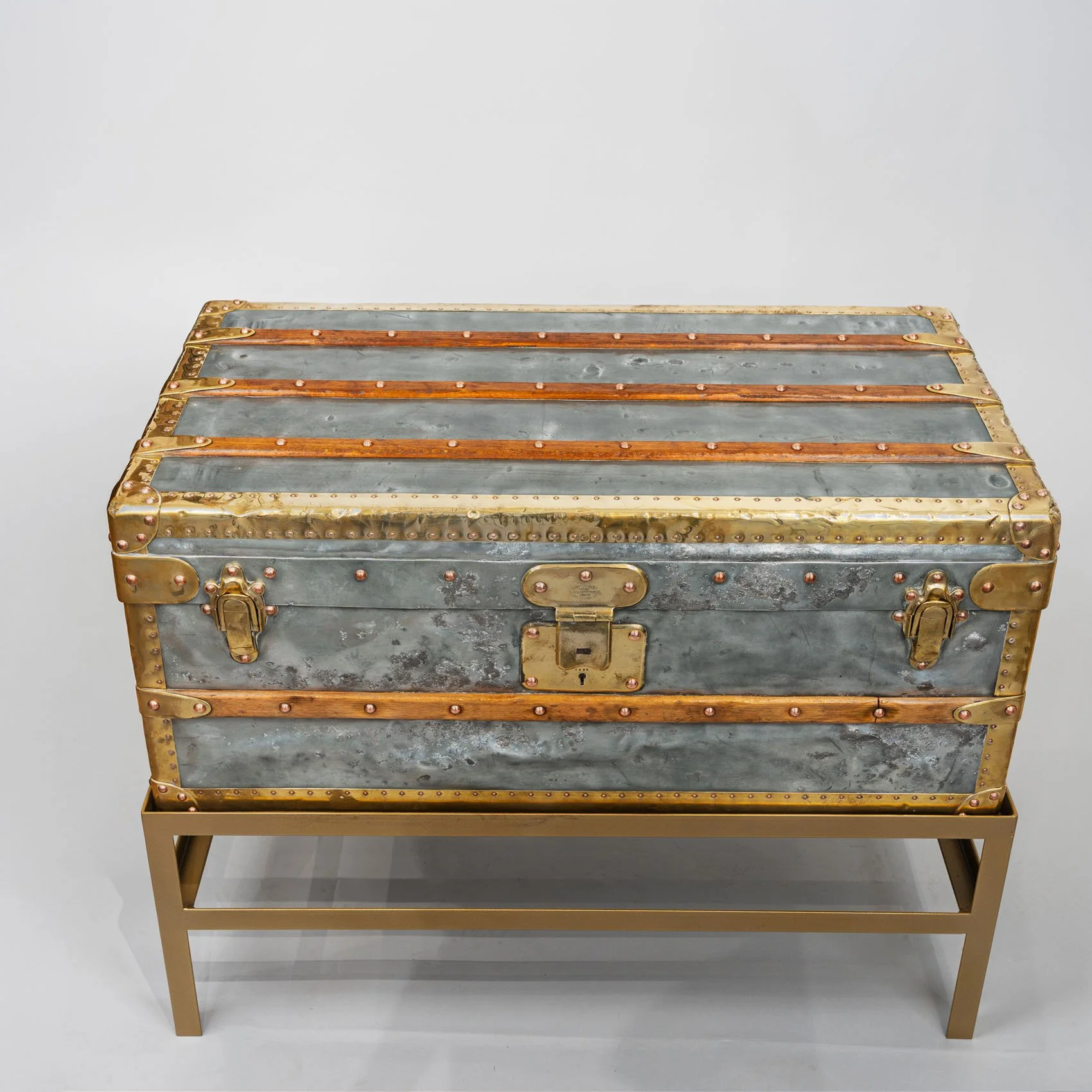Louis Vuitton hermetic zinc Explorer trunk for tropical travel circa 1890 with brass hardware and original interior
