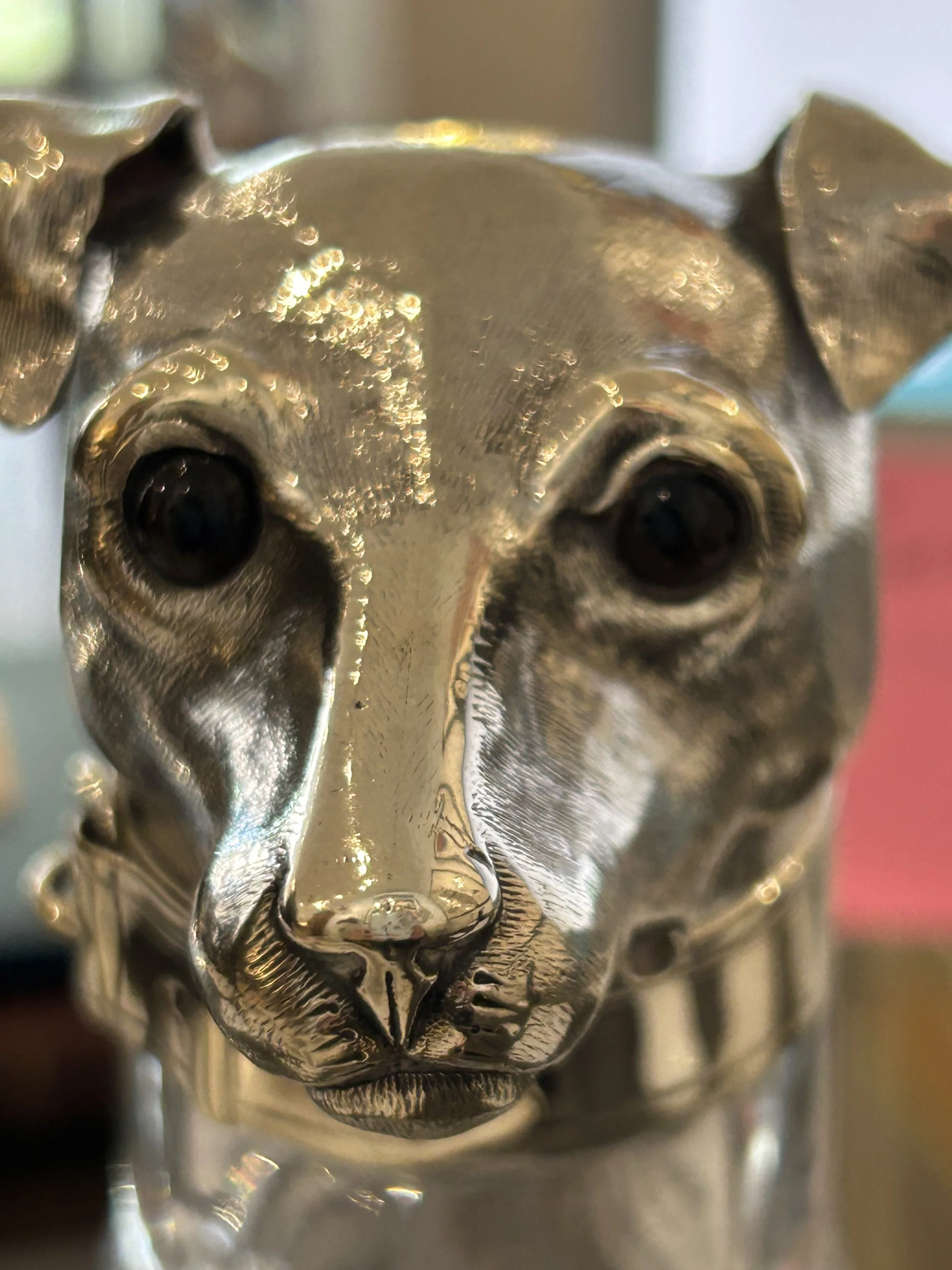Sterling silver fox terrier head with black glass eyes, English decanter circa 1900 — Daniels Antiques