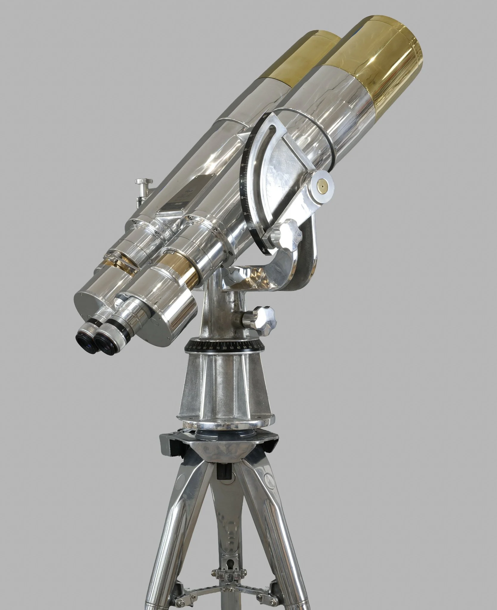 Fuji Meibo 25×150 naval binoculars, side view, mirror-polished aluminum and polished brass sunshades — Daniels Antiques