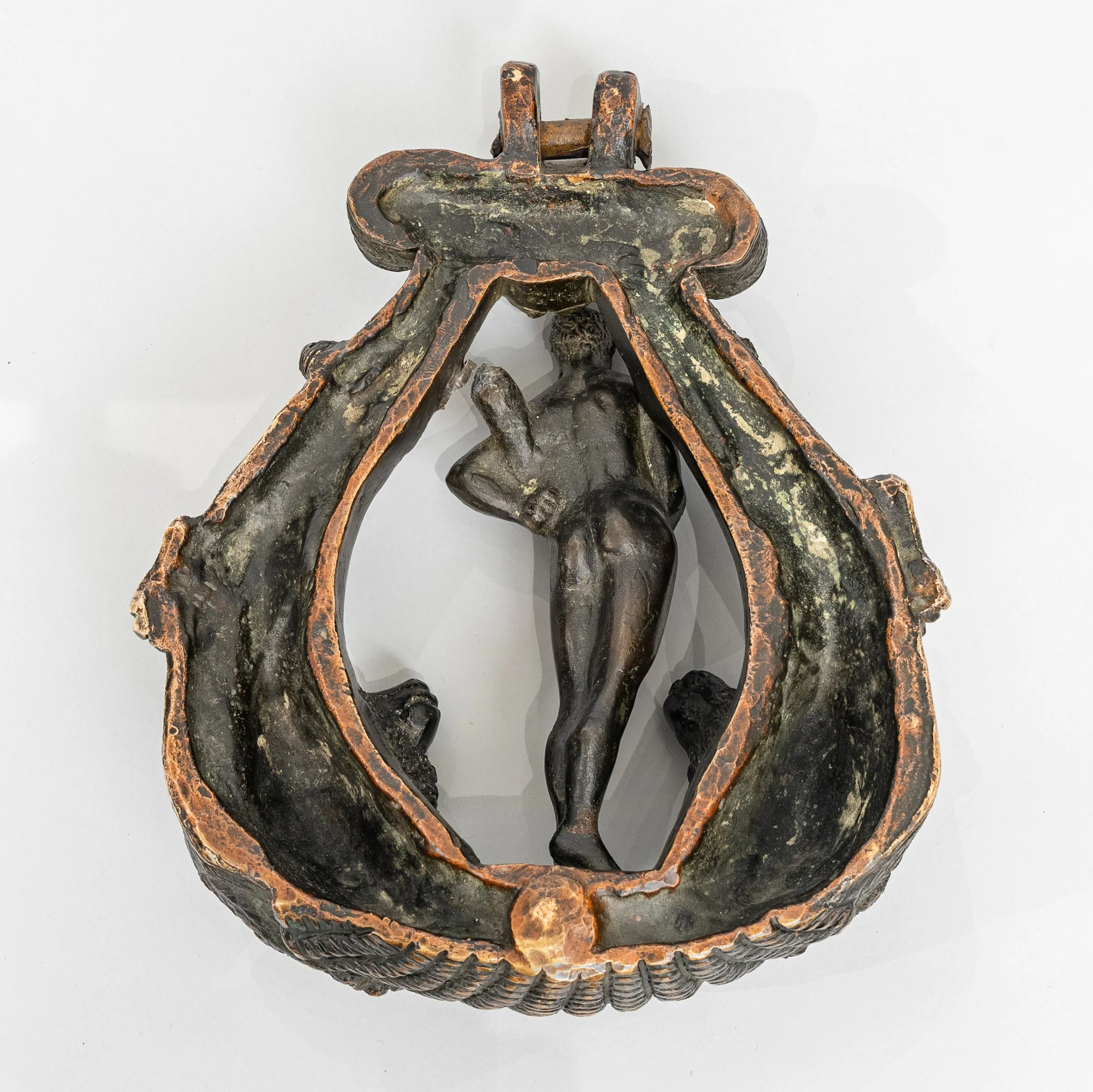 Reverse of Venetian bronze Hercules door knocker showing solid lost-wax cast and striker boss — Daniels Antiques
