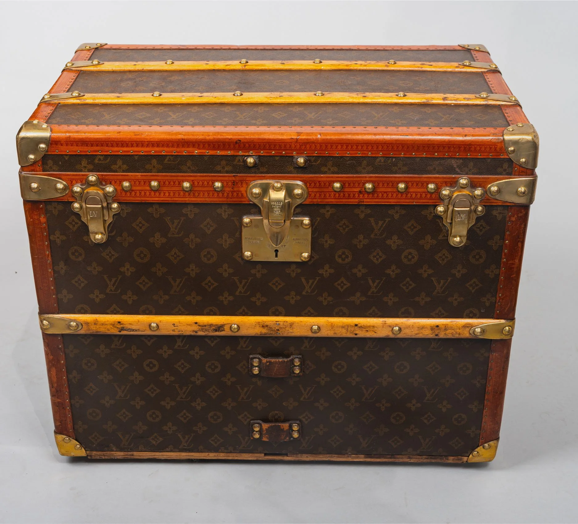 Louis Vuitton shoe trunk 1920s monogram canvas front view with brass lock and latches