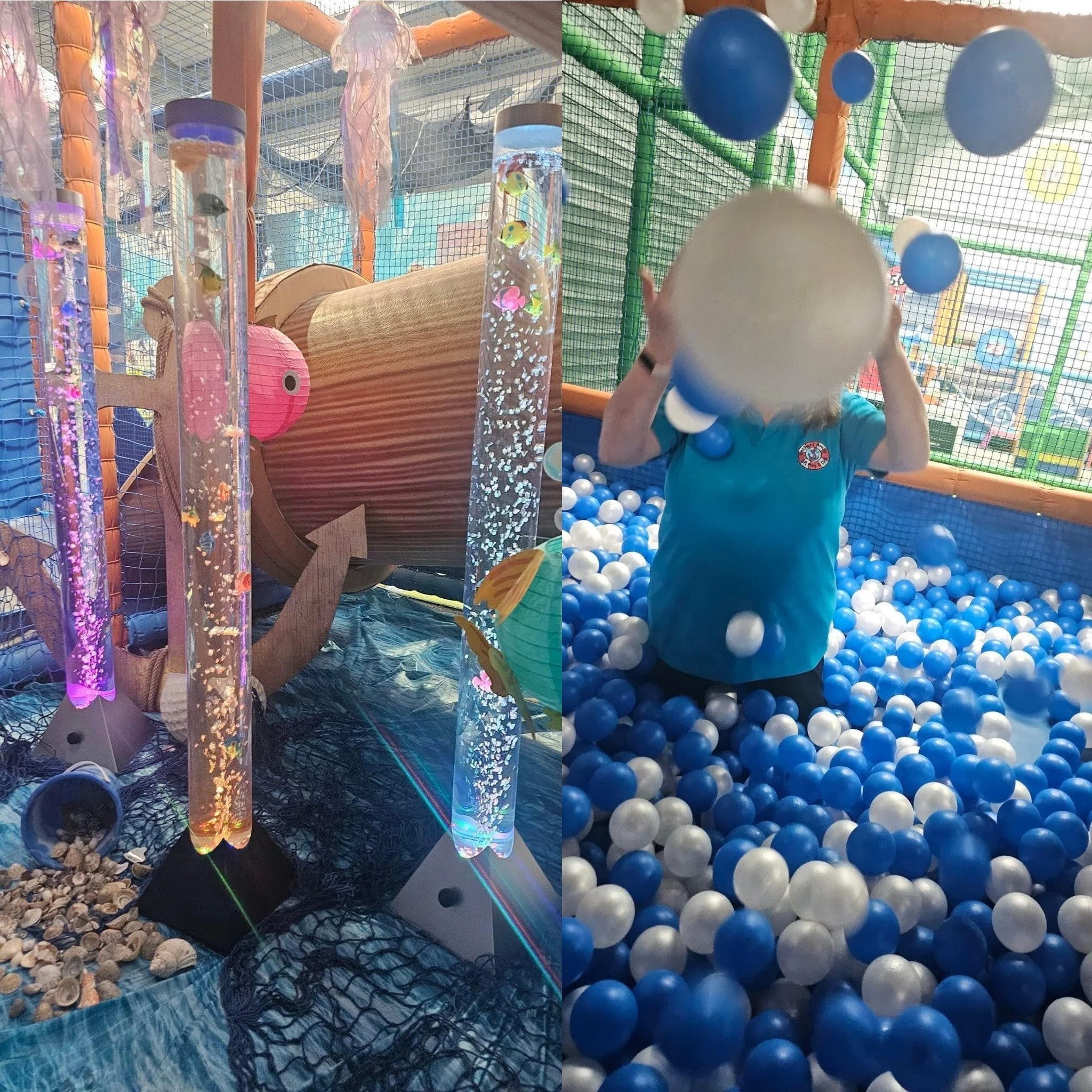 A split image showing an indoor play area. The left side features a ball fountain with colorful, illuminated tubes, seashells on the ground, and netting. The right side shows a child in a blue shirt playing in a ball pit filled with blue and white plastic balls, holding a ball in front of their face.