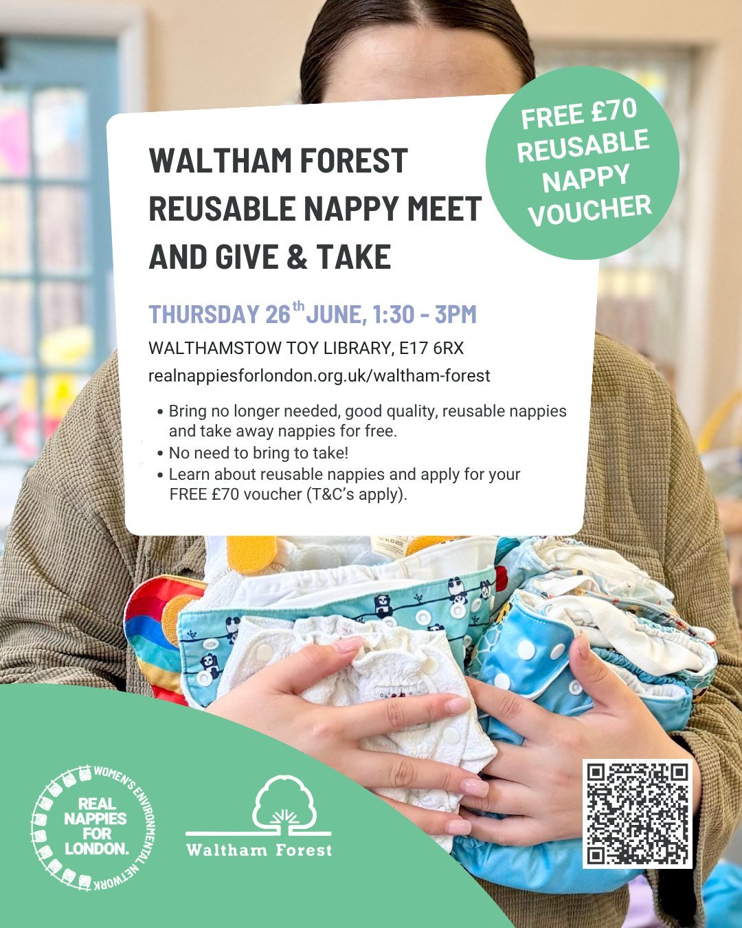 We are delighted to be hosting this event again. 

Join @realnappiesforlondon for a Reusable Nappy Meet and Give &amp; Take on Thursday 26th June 2025, 1.30pm - 3pm at Walthamstow Toy Library and Play Centre, William Morris Hall, E17 6RX. 

Bring no 