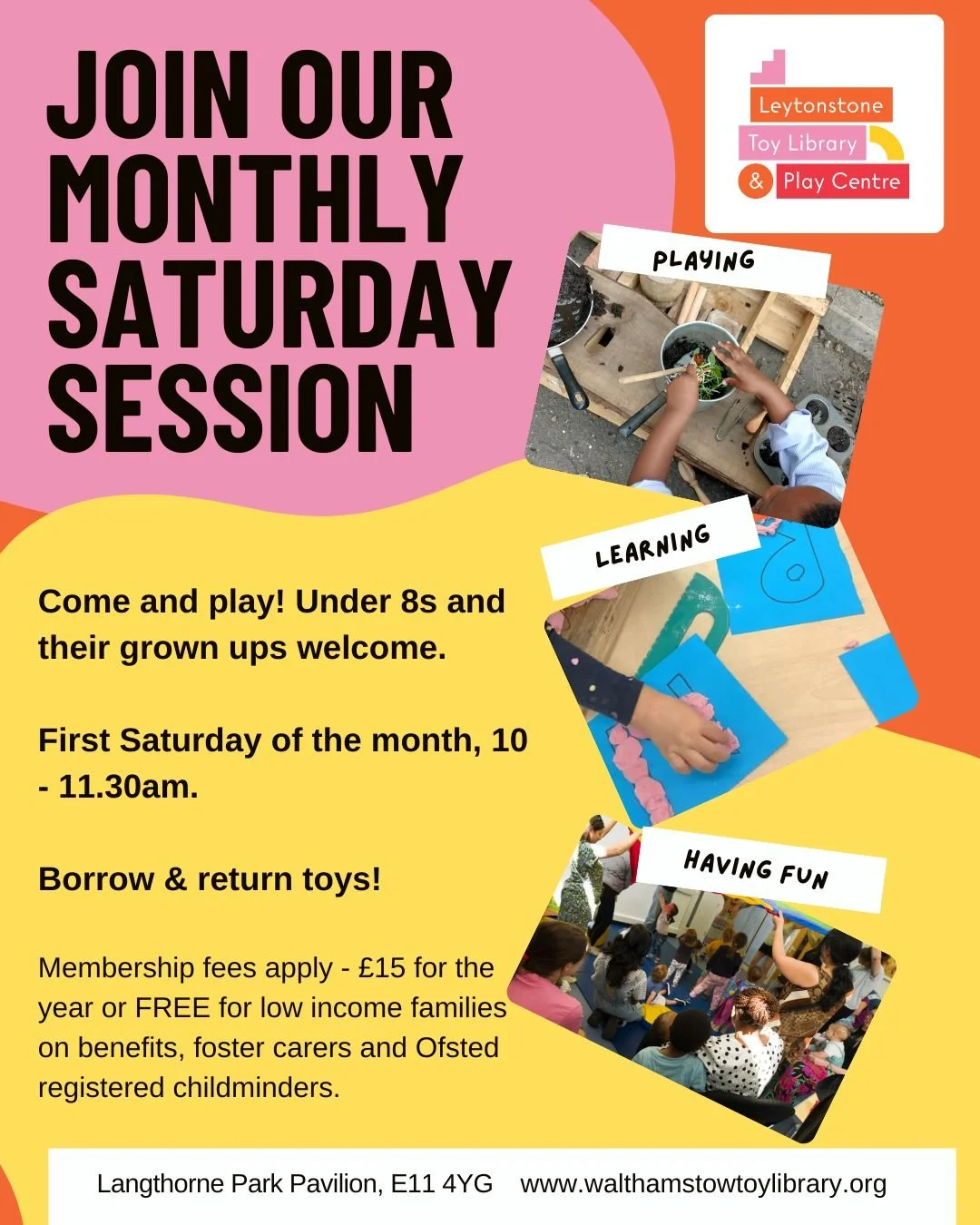 Our Saturday Play Session is ON! 

Our monthly play session for 0&ndash;8 year olds is happening this Saturday (first Saturday of the month) at Leytonstone Toy Library. 

👶 Perfect for babies to big kids to play, learn and have fun
🏠 Opportunity to