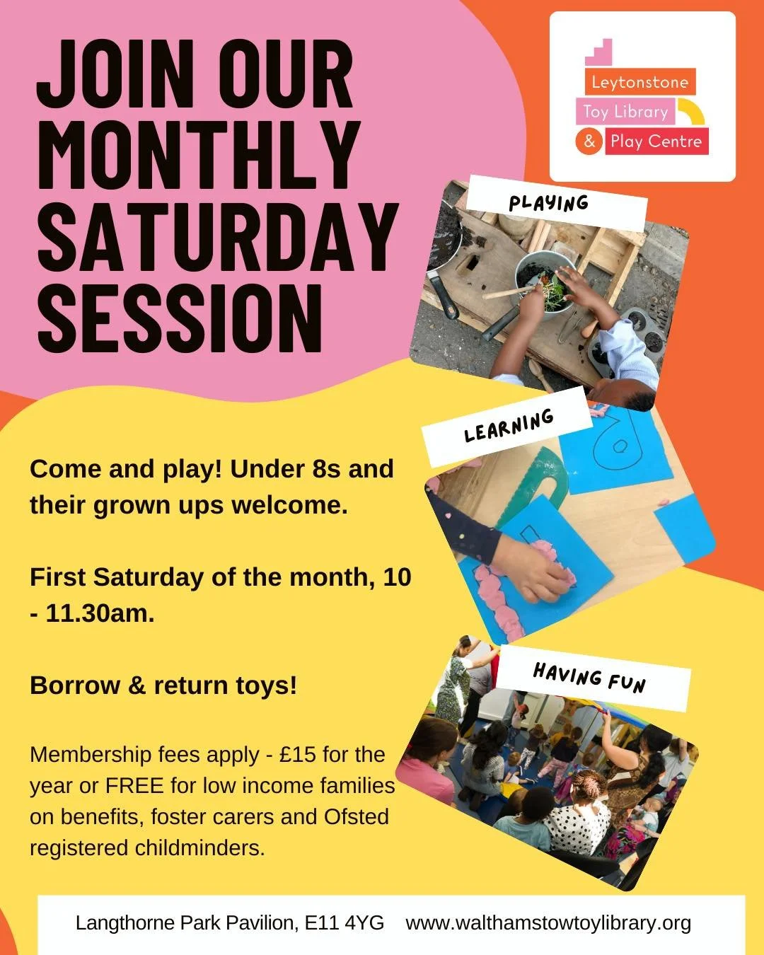 Join us tomorrow for our monthly Saturday play session, 10 - 11.30am. 
#LeytonstoneToyLibrary #ToyLibrary #Playing #Learning #HavingFun #Community