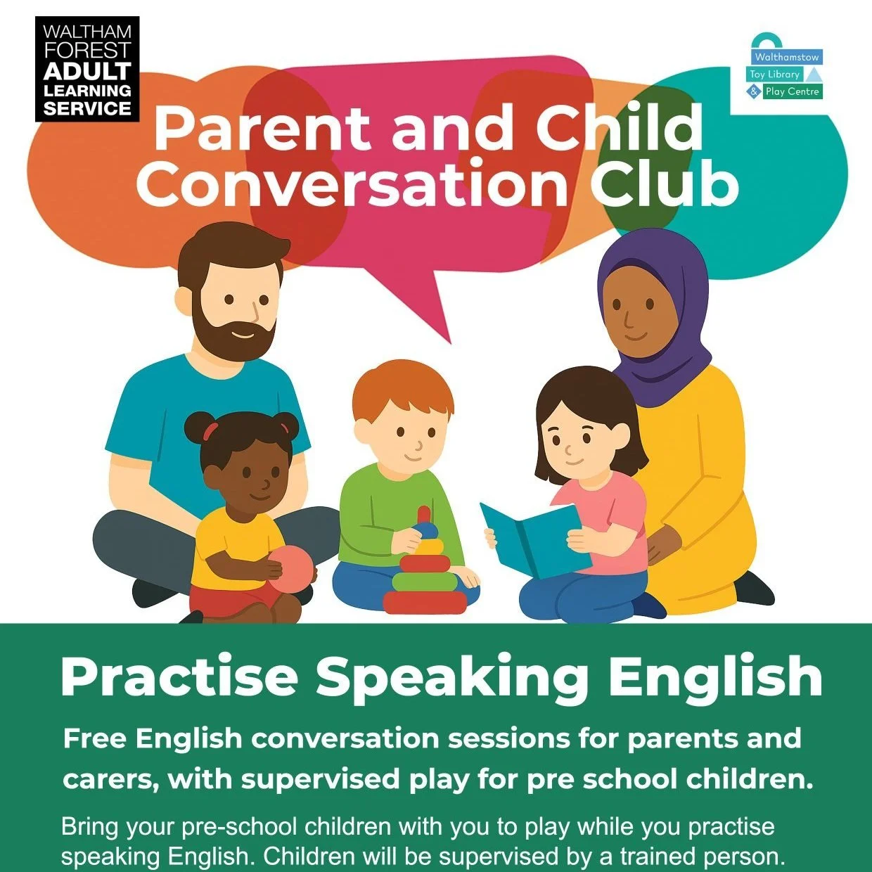 Would you like to improve your English? 

We are working with @lbwf_employmentandskills to run a Conversation Club. 
All adults with under 5s are welcome to come and practise speaking English, whilst the children play in the Toy Library. 

The sessio