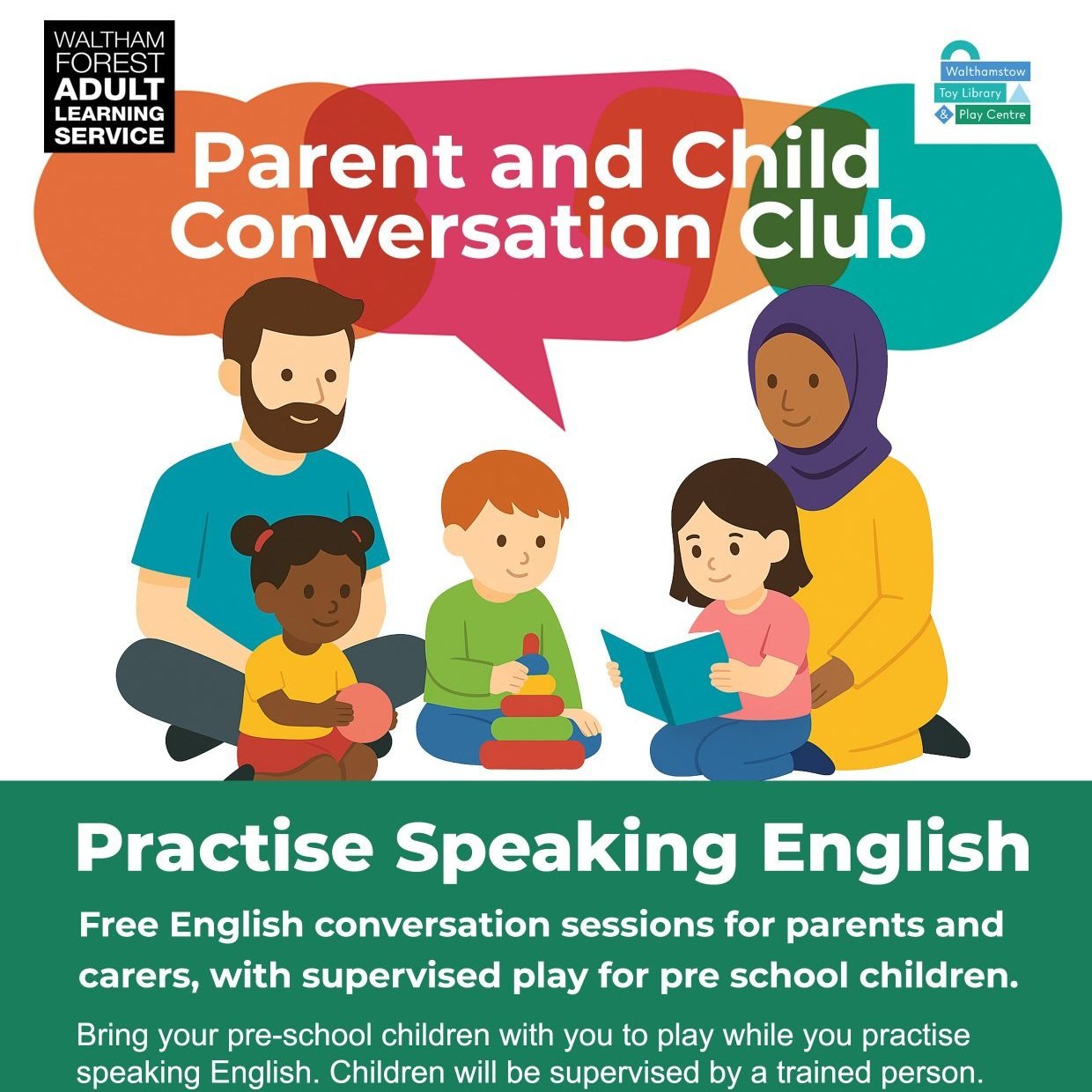 Would you like to improve your English? 

We are working with @lbwf_employmentandskills to run a Conversation Club. 
All adults with under 5s are welcome to come and practise speaking English, whilst the children play in the Toy Library. 

The sessio