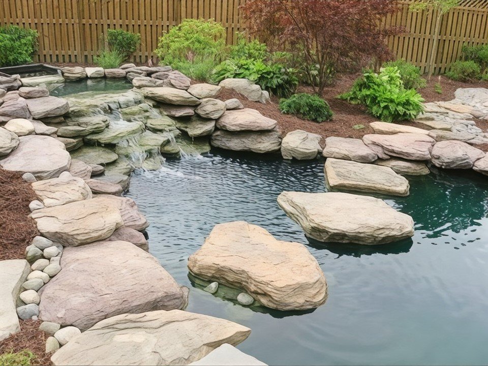 Natural Boulder Stepping Stones For Waterfall And Across Pond