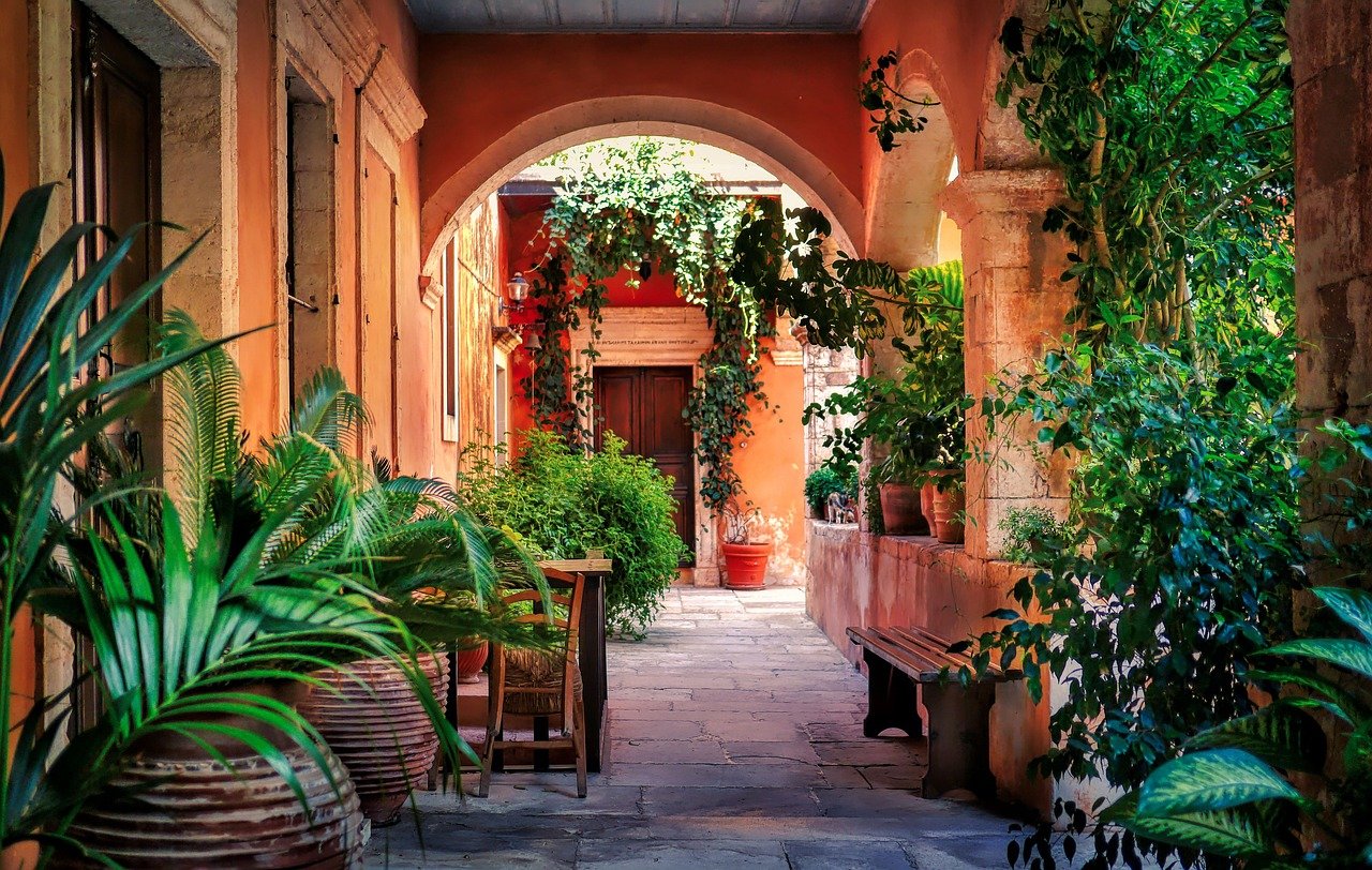 Courtyard Garden With Plants, Paving And Benches